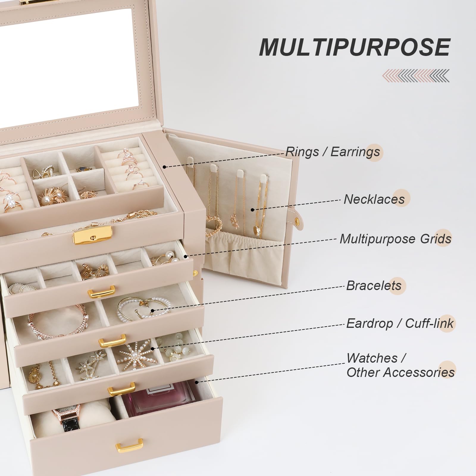 5-Layer Jewelry Organizer Box for Women - Large Jewelry Storage Case with Mirror, Perfect Jewelry Gift for Valentine's Day, Christmas, Birthday - Elegant Apricot Design for Dresser, Vanity & Travel Use