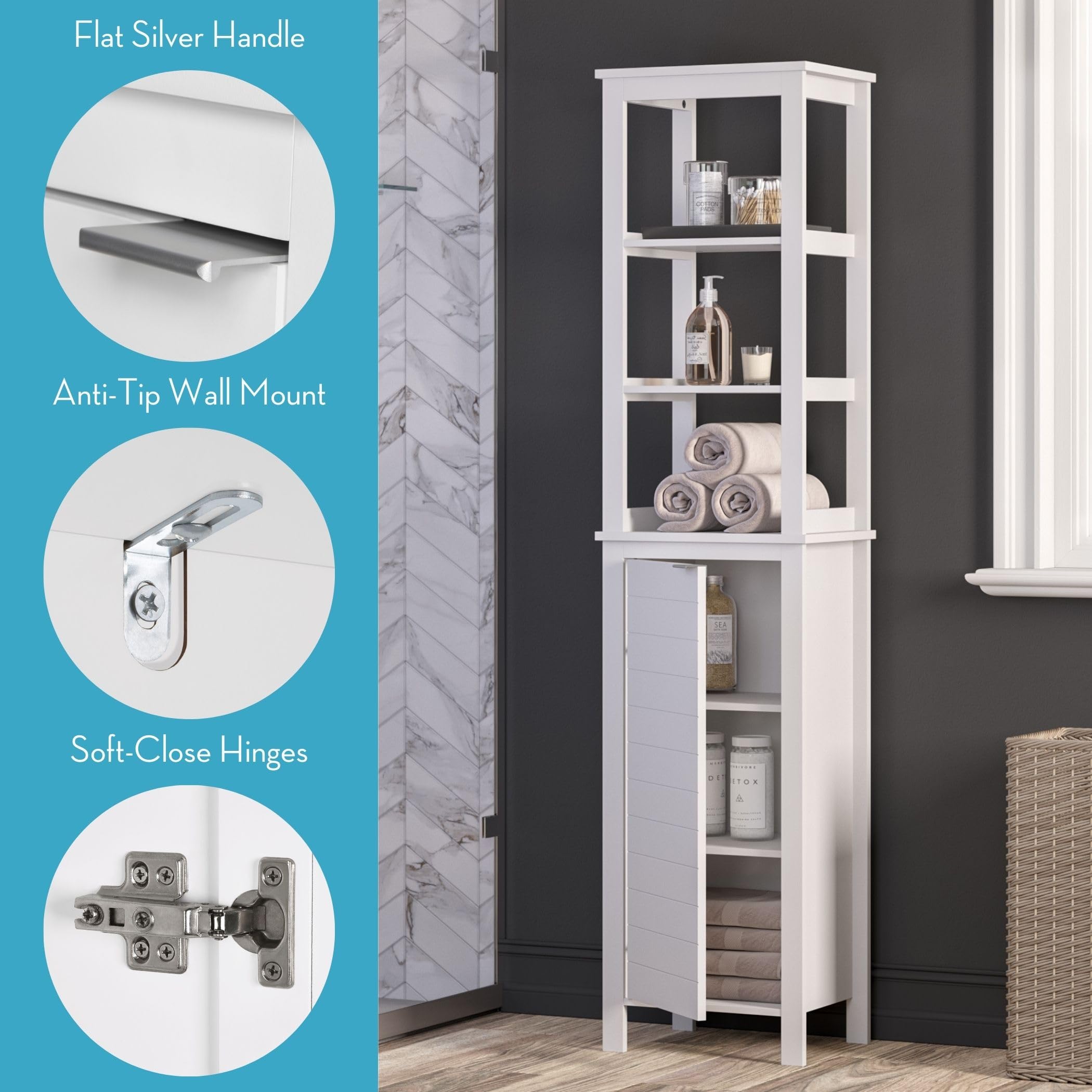 RiverRidge Home Madison Collection White Linen Open Shelf Tower - Modern Storage Solution for Bathroom, Bedroom & Living Room Organization