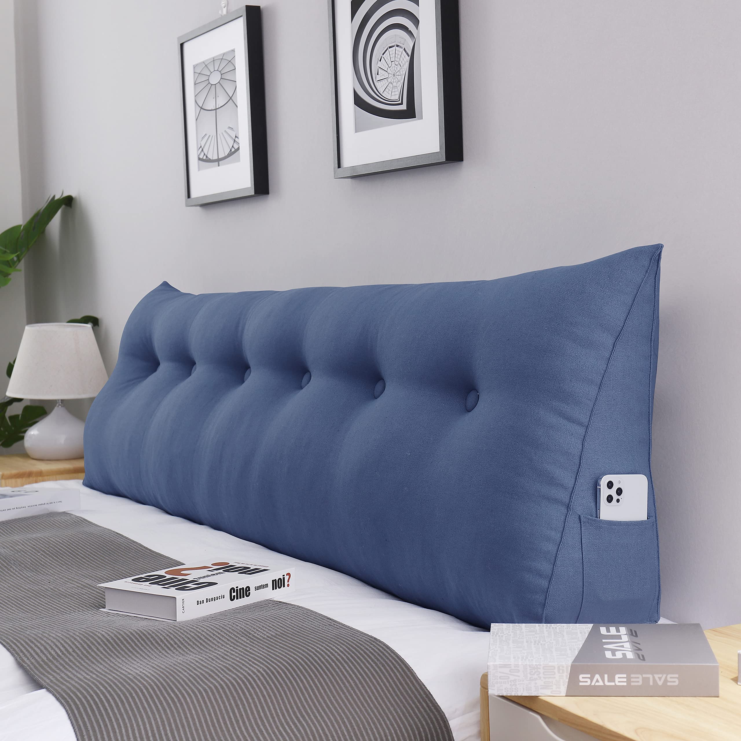 Triangular Headboard Wedge Pillow - 71 Inch Upholstered Linen Blue Back Support Cushion for Daybeds, Reading & Lumbar Positioning | Gap Filler & Bed Rest Pillow for Comfortable Sitting & Relaxing in Bed