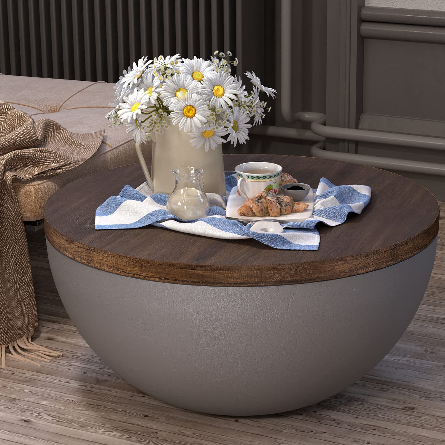 HOMPUS Modern Drum Shaped Side Table - Stylish End Table & Accent Nightstand for Living Room, Bedroom, Balcony or Outdoor Use - Easy No Assembly Home Decor - Perfect for Small Spaces, Coffee Table Alternative & Guest Room Furniture