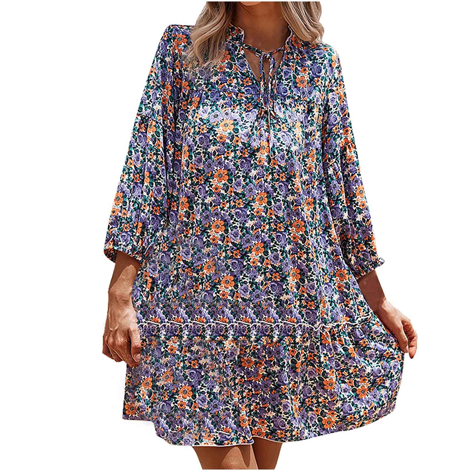 Women's Fall Long Sleeve Casual Dress - V-Neck Loose Print Midi Dress for Autumn | Perfect for Office Wear, Date Nights & Weekend Outings