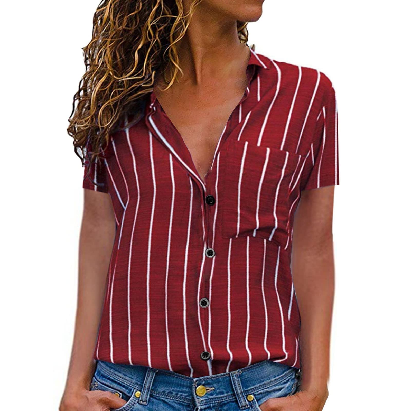 Women's Workout Shirts - Summer Lace Short Sleeve V-Neck Polka Dot Blouse & Crop Top | Gym, Yoga, Running & Casual Wear