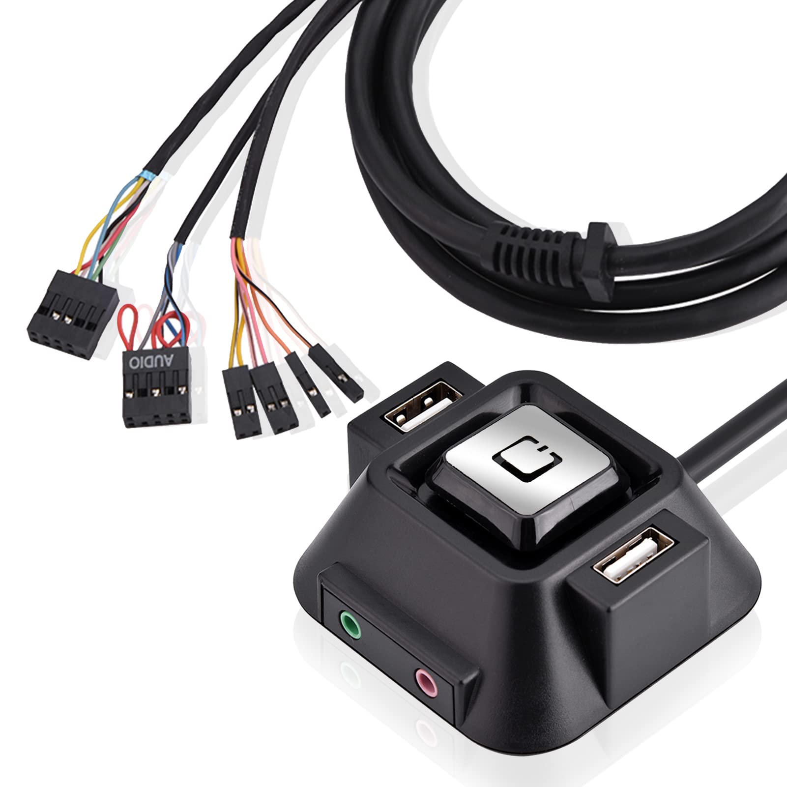 Desktop Computer Power Switch with USB Ports, Audio Ports & Power Supply - External PC On/Off Button - 1.55/5FT Cable for Home Office & Gaming Setup