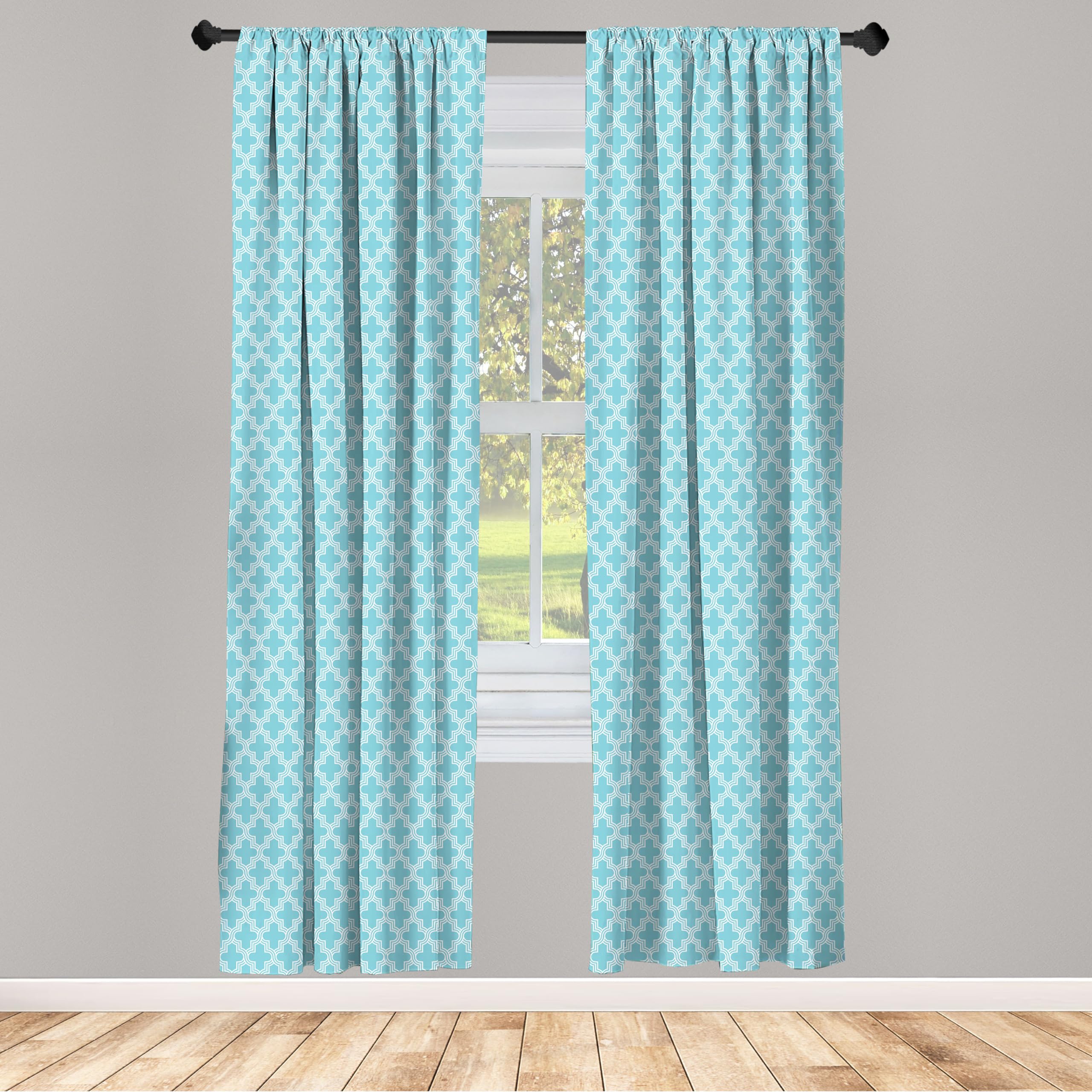 Ambesonne Traditional Blue and White Oriental Quatrefoil Lattice Window Curtains - Lightweight Decor 2-Panel Set with Rod Pocket, 28