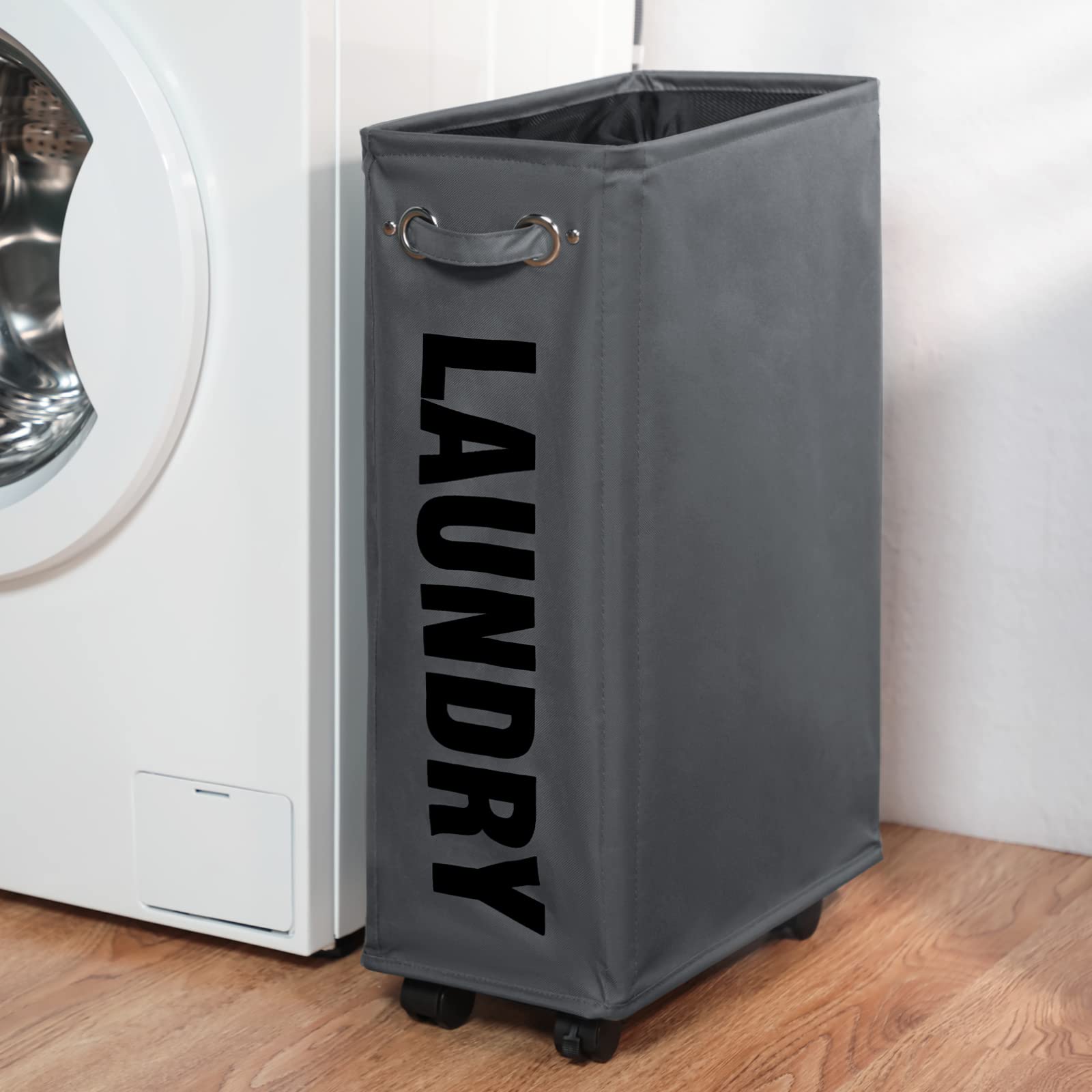 DOKEHOM 25-Inch Slim Rolling Laundry Basket with Wheels - Foldable, Collapsible Hamper for Clothes Storage - Space-Saving Narrow Design for Small Spaces - Perfect for Apartments, Dorms, and Laundry Rooms (Dark Grey)