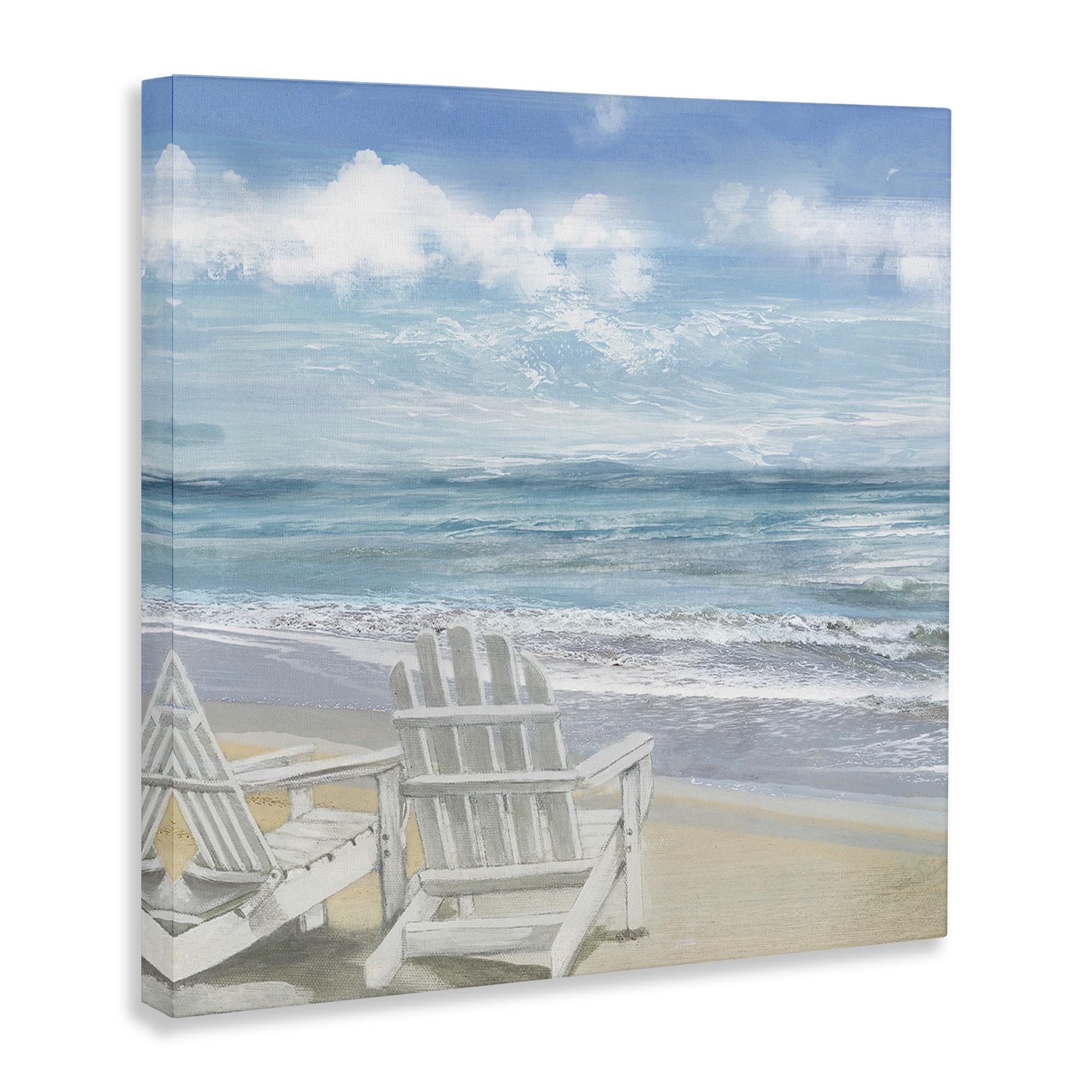 Stupell Industries White Adirondack Chairs Beach Painting Canvas Wall Art - 17x17 Inch Coastal Decor, Made in USA - Perfect for Living Room, Bedroom & Beach House Decor