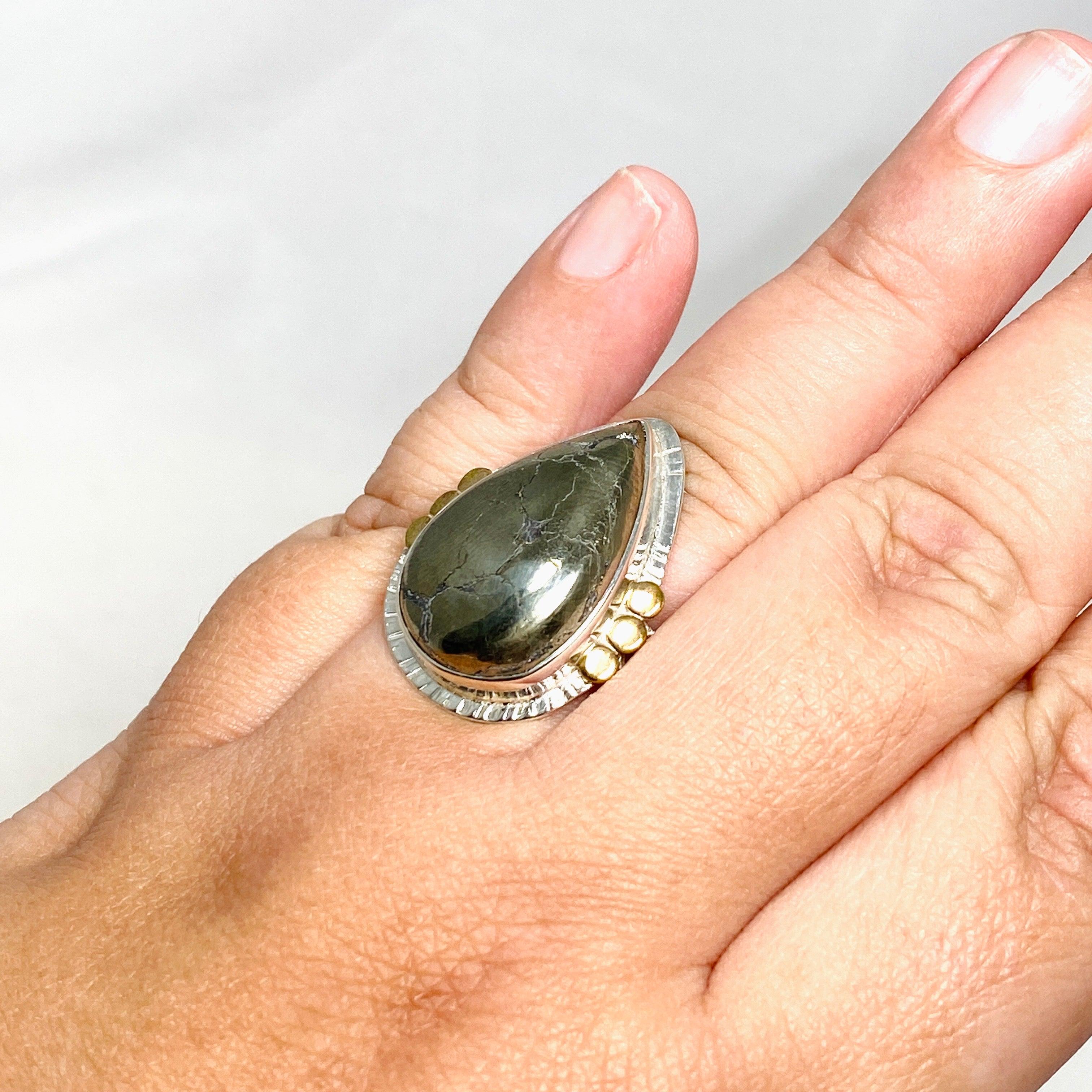Healer's Gold Teardrop Ring with Brass Accents - Size 10 - KRGJ3197 - Perfect for Spiritual Healing, Meditation & Boho Fashion