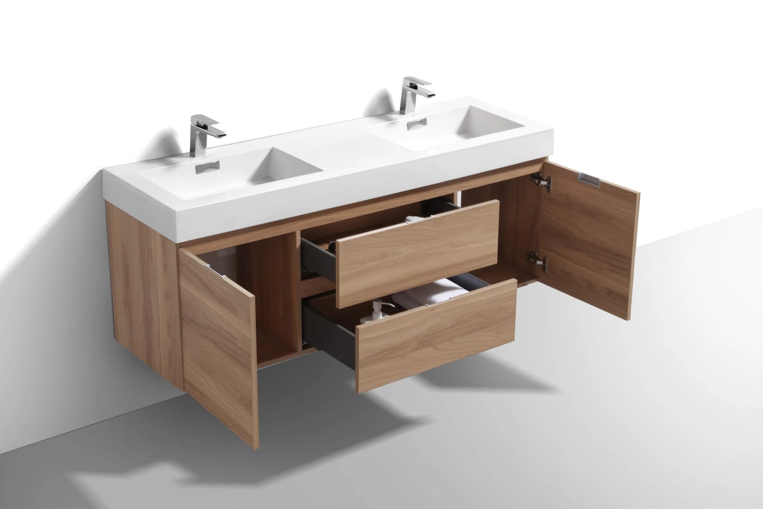 BSL60 Honey Oak Double Sink Wall Mount Bathroom Vanity - Modern Space-Saving Storage Solution for Small Bathrooms & Powder Rooms