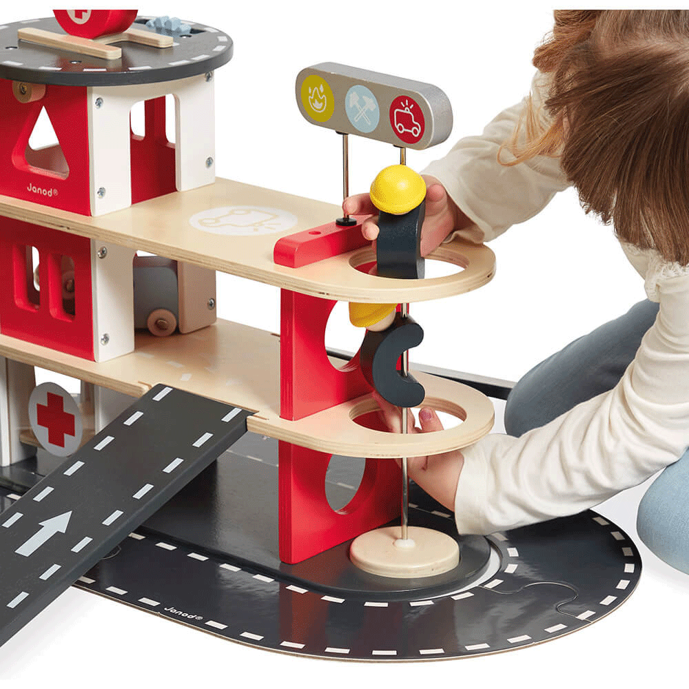 Janod Bolid Fire Station Toy - Wooden Fire Truck Playset for Kids, Pretend Play & Imaginative Learning - Perfect for Preschoolers & Toddlers (Indoor Play, Birthday Gifts, Daycare Activities)