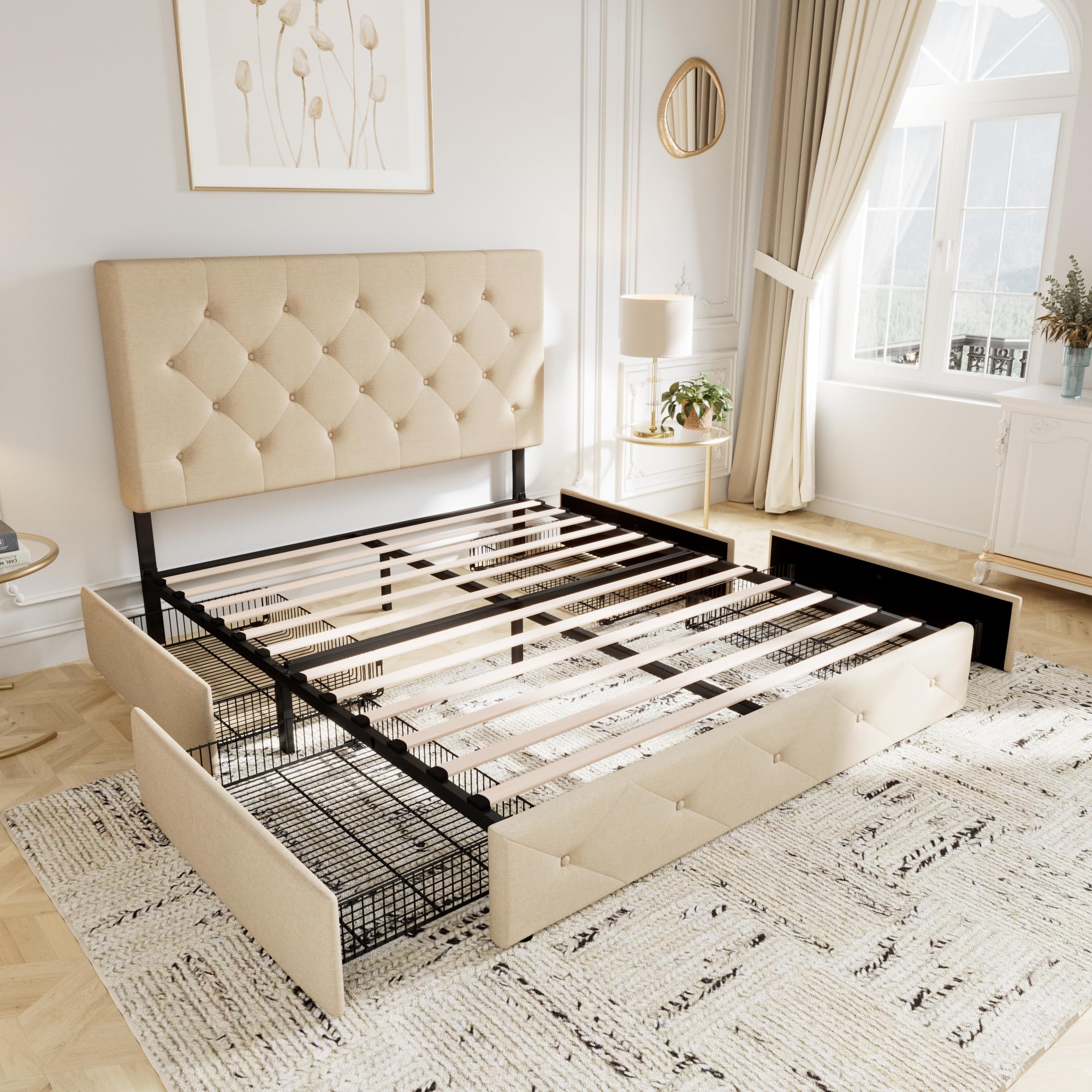 Allewie Upholstered Full Size Platform Bed Frame with 4 Storage Drawers & Headboard - Diamond Stitched Button Tufted Design, Wooden Slats Support, No Box Spring Needed - Beige Bedroom Furniture for Small Spaces & Guest Rooms