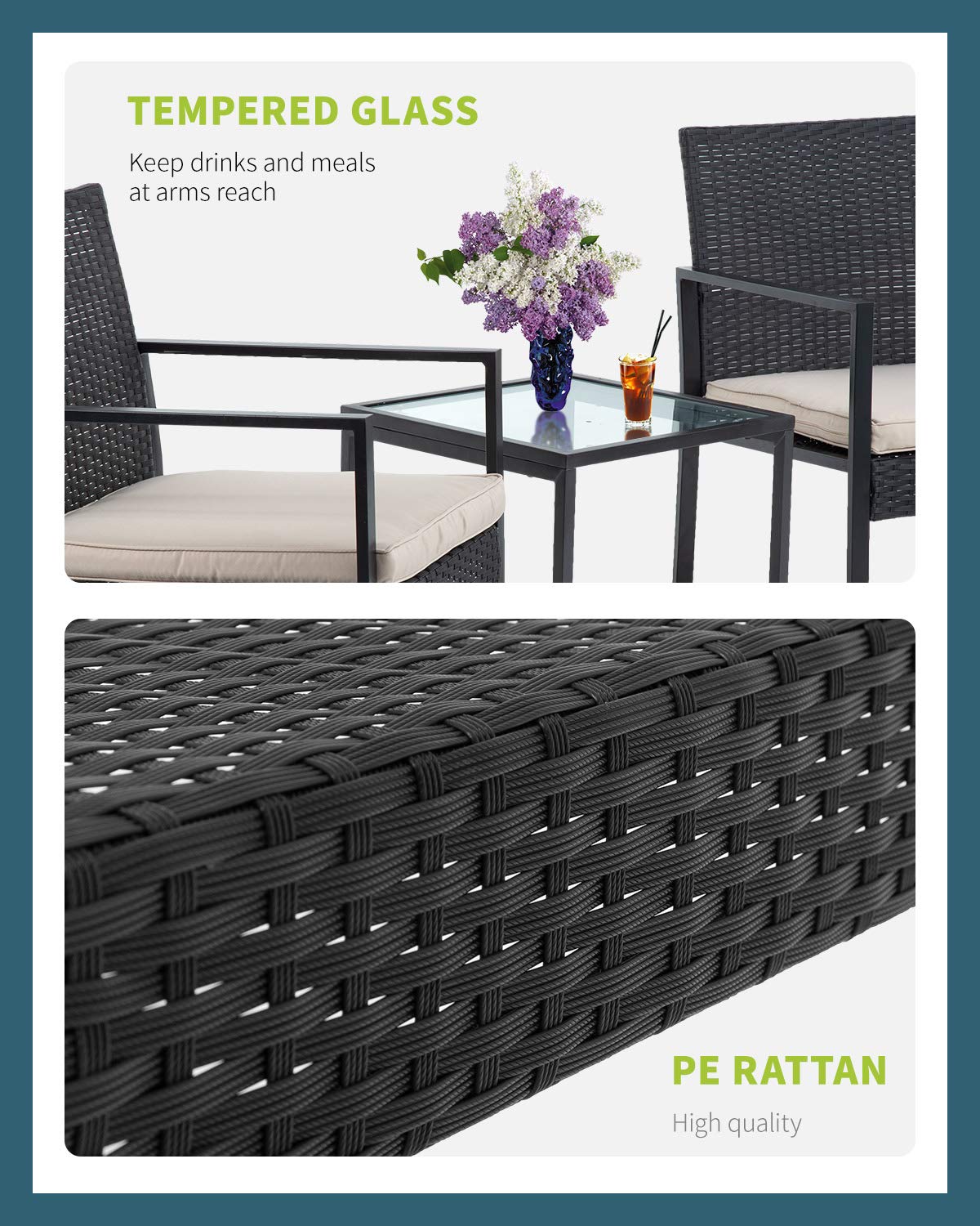 3-Piece Black Wicker Patio Set - Outdoor Rattan Bistro Furniture for Yard, Lawn, Balcony, Poolside & Backyard | Perfect for Relaxing, Dining & Entertaining