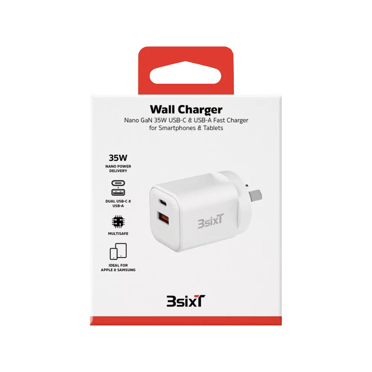 3sixT GaN 35W USB C Wall Charger with PD & QC27W USB A (Max 15W) - Fast Charging Adapter for iPhone 15/14/13, Samsung Galaxy, iPad - Compact Travel Charger for Home, Office & Car - White