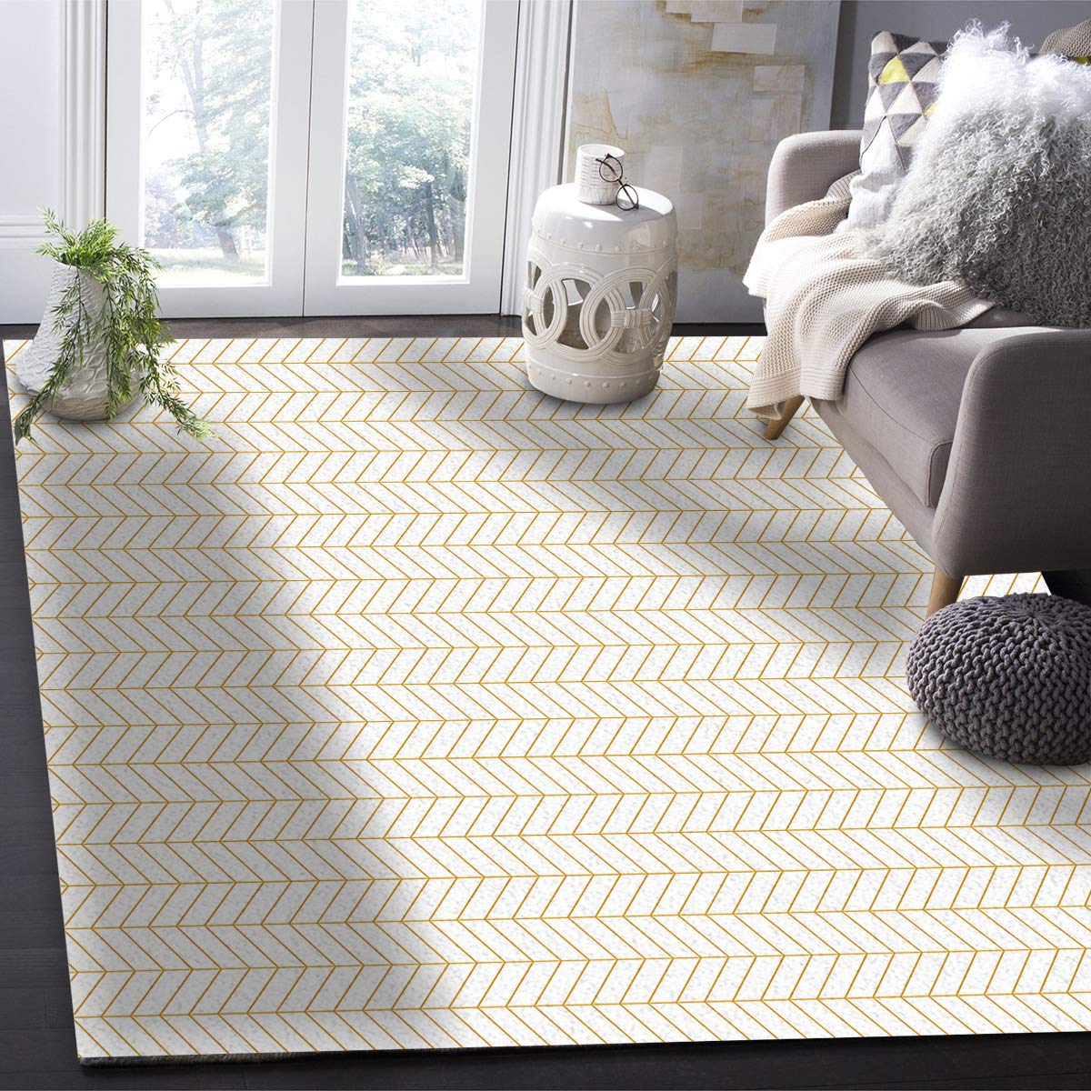 4'x6' Non-Shedding Boho Outdoor Rug - Golden Herringbone Pattern Area Carpet for Bedroom, Living Room, Entryway, Kitchen & Bathroom Decor | Water-Resistant & Durable Floor Mat for Patio, Deck, and Indoor Home Use