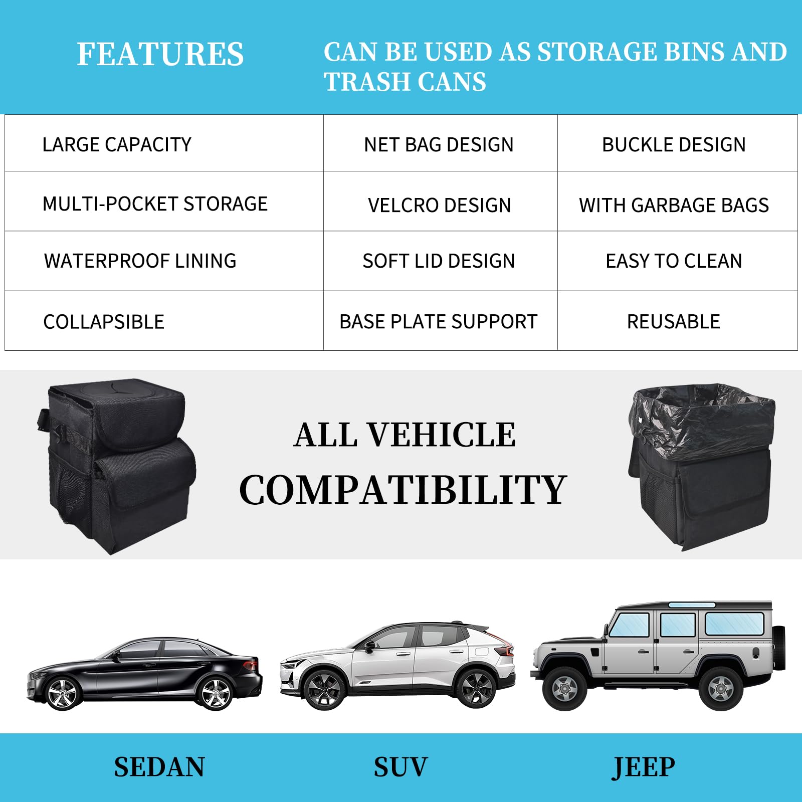 Large Capacity Foldable Car Trash Can - Waterproof Suspension Storage Box for Cars, SUVs, Sedans & Trucks | Multi-Purpose Detachable Organizer for Road Trips, Commuting & Family Travel