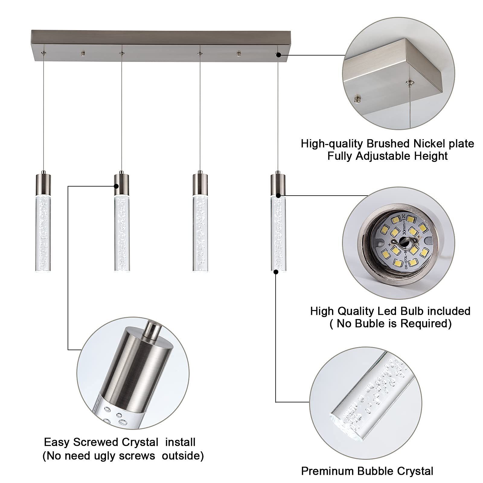 Modern 4-Light LED Pendant Lighting Fixture for Kitchen Island - 32W Crystal Bubble Chandelier with 6000K Daylight - Premium Hanging Ceiling Light for Dining Room, Bar Counter, and Home Decor