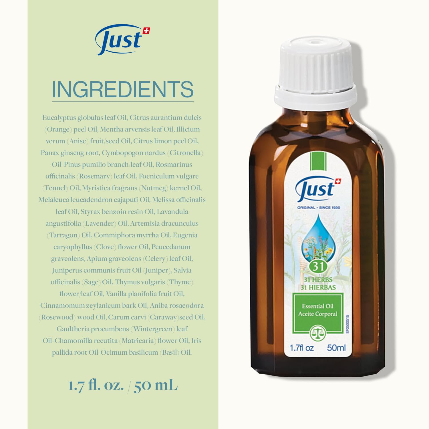 Swiss Just 31 Herbal Essential Oil - 50ml Natural Eucalyptus Massage Oil for Muscle Soreness & Joint Pain Relief | Family-Friendly Aromatherapy Solution for Relaxation, Stress Relief & Home Spa