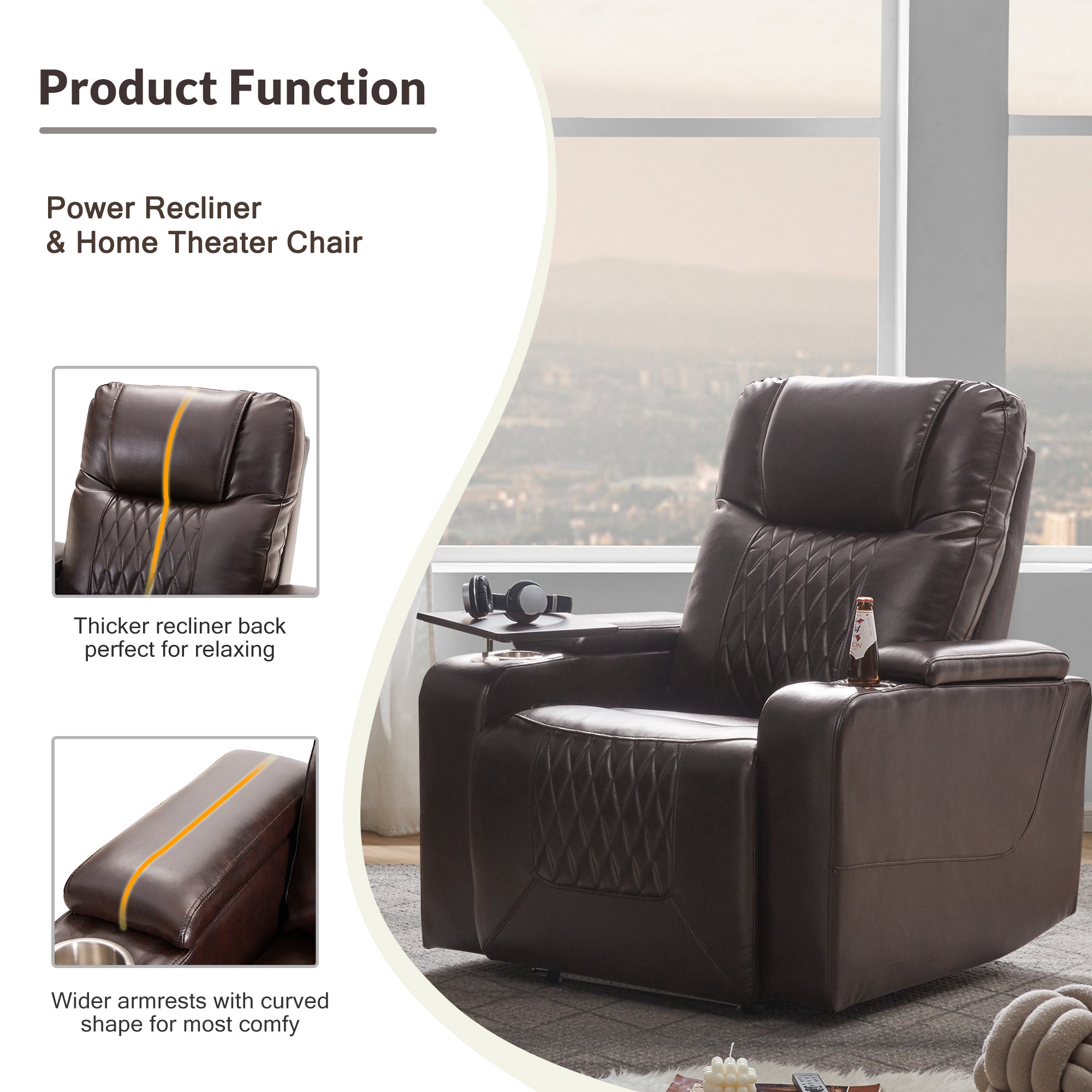 Electric Power Lift Recliner Chair with USB Charging Port, Hidden Arm Storage & 360° Swivel Tray - Brown Leather Massage Chair for Living Room, Home Theater & Elderly Care