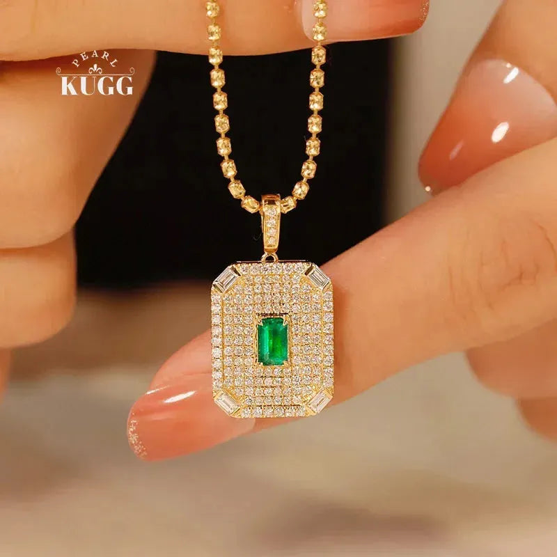 18K Yellow Gold Emerald and Diamond Necklace for Women - Luxury Real Natural Gemstone Jewelry, Perfect for Parties, Weddings & Special Occasions