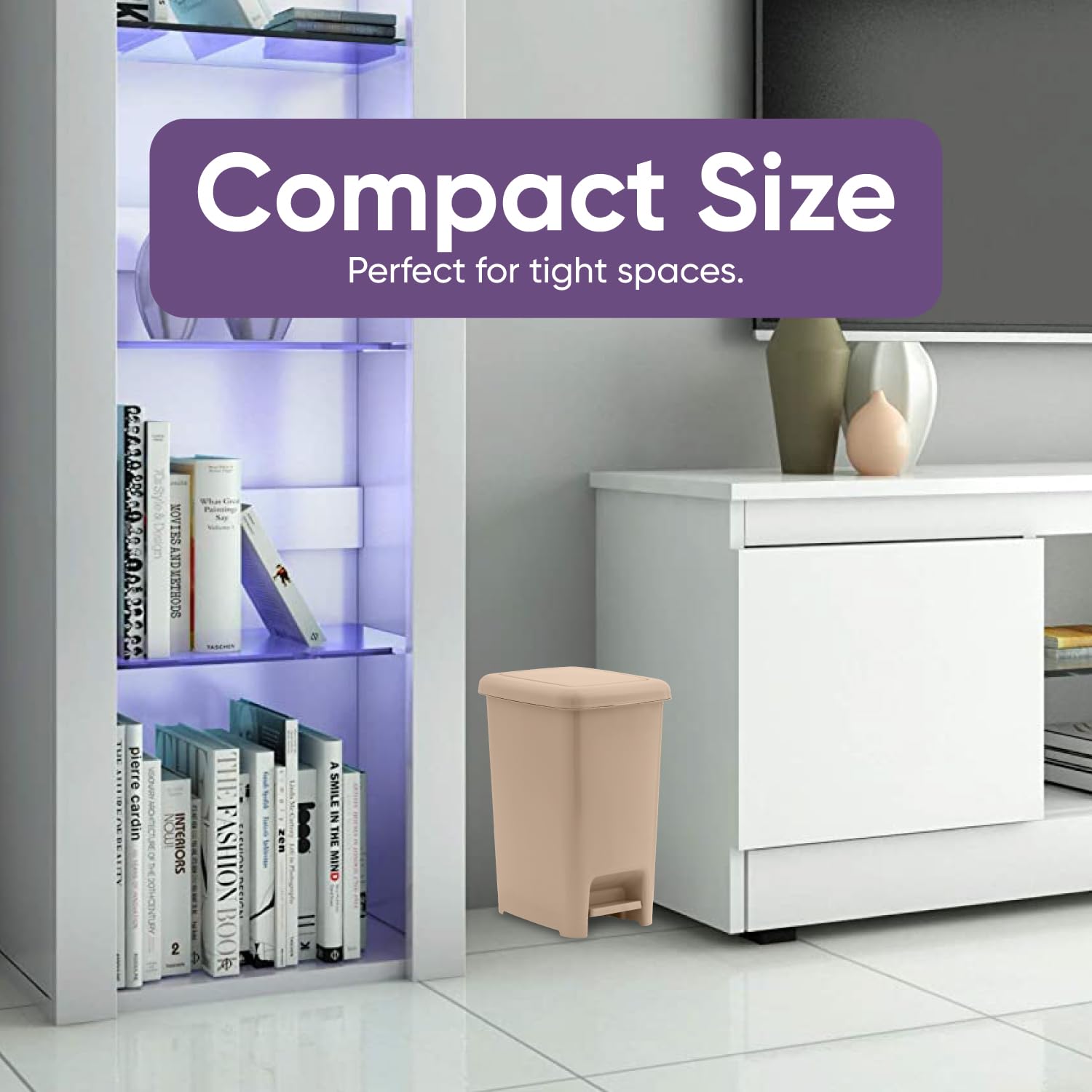 Superio 4 Gallon Slim Step-On Trash Can with Lid - Small Plastic Garbage Bin for Bathroom, Bedroom, Kitchen, Office, RV, Dorm & Patio - Hands-Free Foot Pedal Design - Perfect for Tight Spaces & Hygienic Waste Disposal - Beige