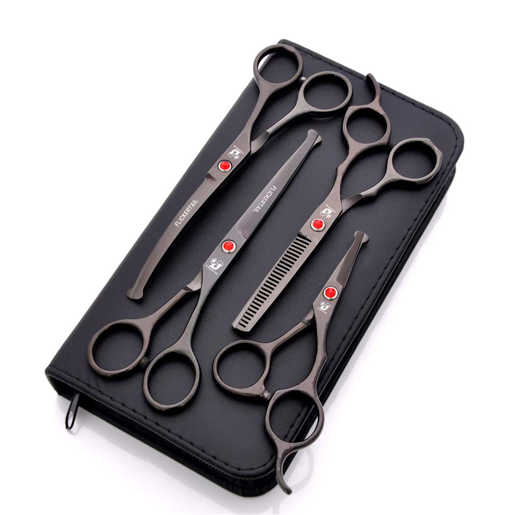 Professional 5-Piece Pet Grooming Scissors Kit for Dogs & Cats - 4.5-6.5 Inch Hair Cutting, Thinning & Curved Scissors - Perfect for Salon, Barber & Home Grooming