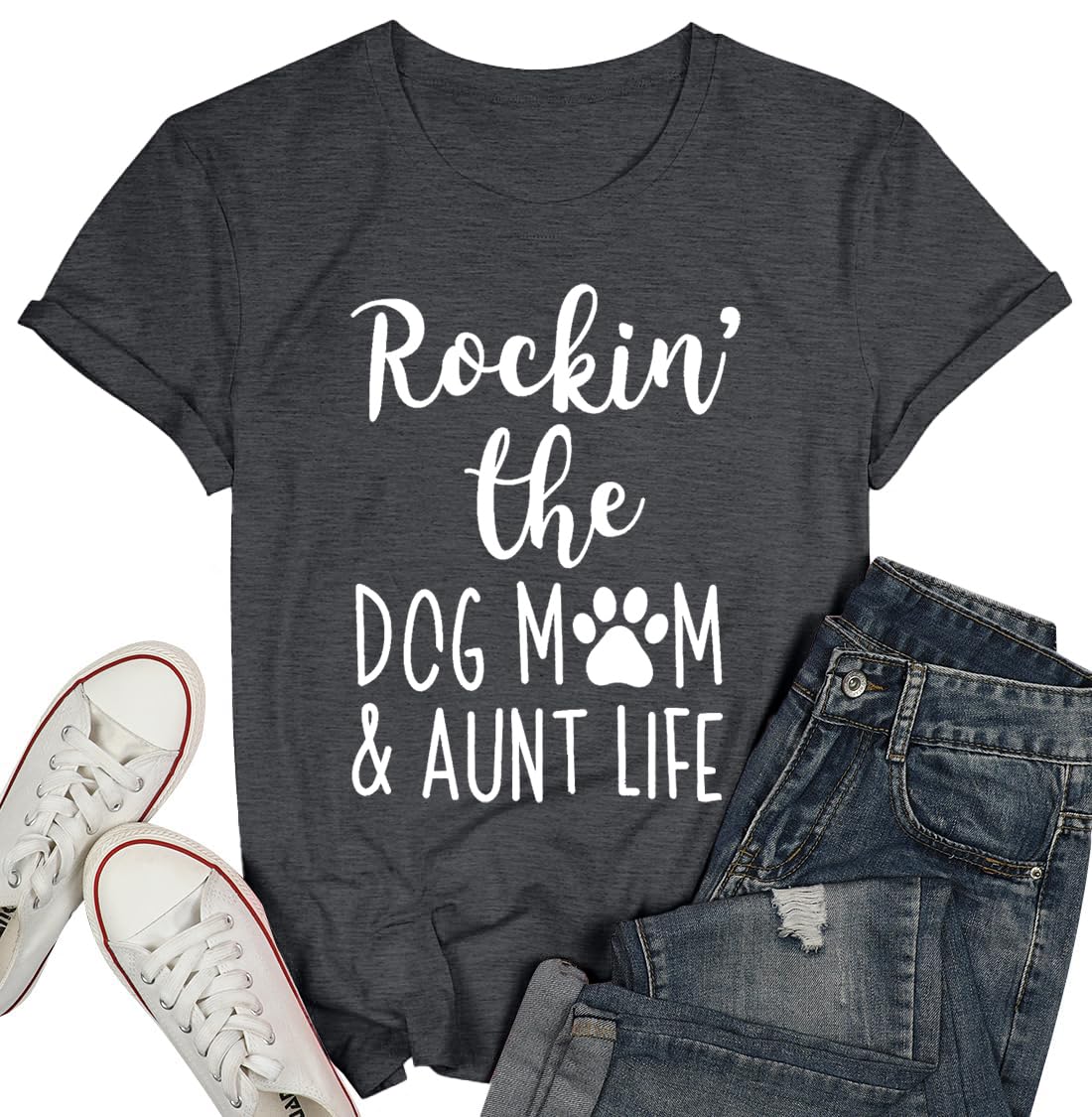 Funny Dog Mom T-Shirt for Women - Cute Dog Paw Graphic Tee - Rockin' The Dog Mom Aunt Life - Perfect Gift for Dog Lovers - Short Sleeve Casual Top - Great for Dog Parks, Walks & Pet Lover Events