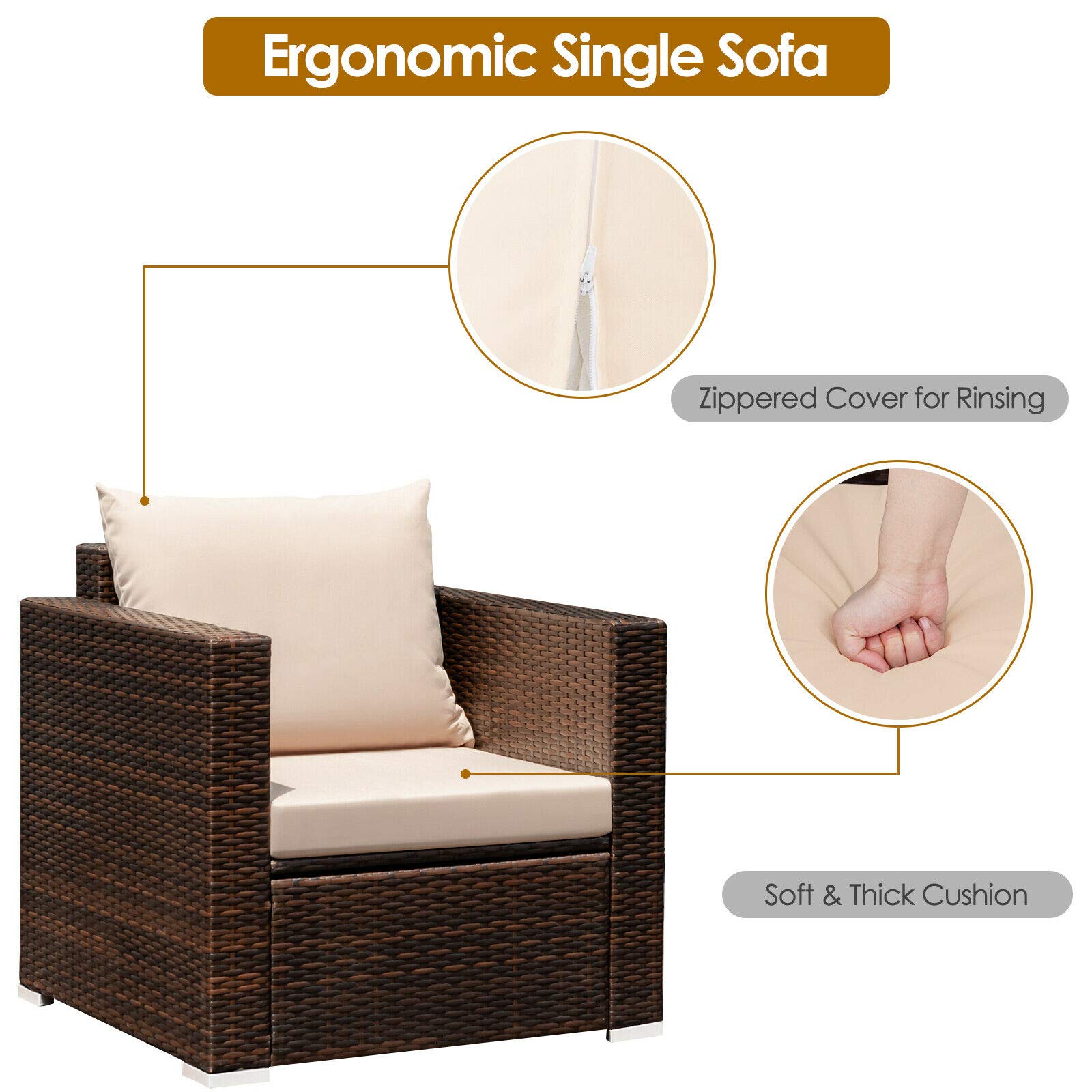 HappyGrill 3-Piece Patio Furniture Set with Coffee Table - Outdoor Rattan Wicker Conversation Sofa Set with Washable Cushions for Garden, Poolside, Backyard & Patio Relaxation