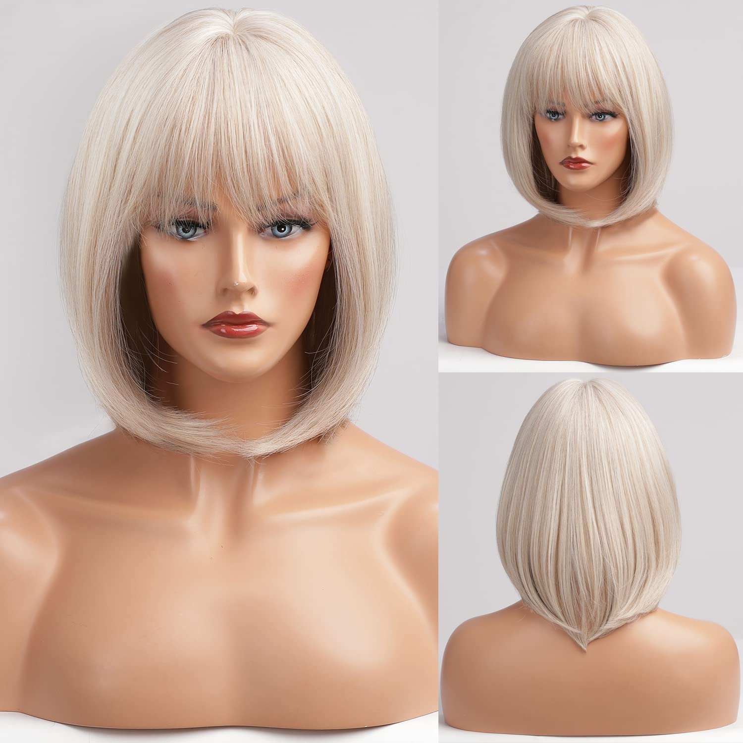 HAIRCUBE 12 Inch Blonde to White Ombre Bob Wig with Bangs - Heat Resistant Synthetic Hair for Women | Cosplay, Costume Parties & Daily Fashion