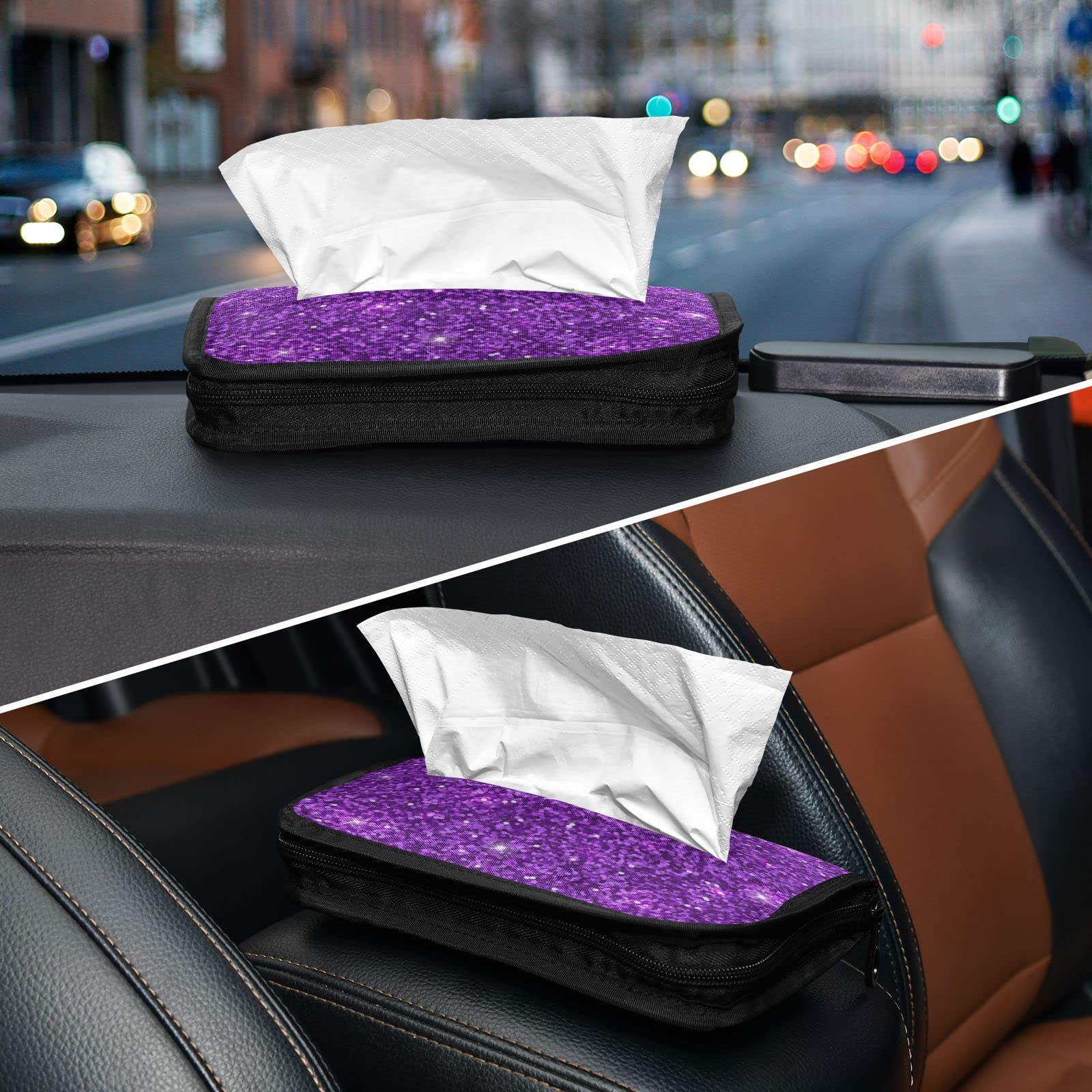 Shining Car Sun Visor Hanging Tissue Holder - Universal Auto Accessory with Purple Glitter Texture | Car Visor Napkin Dispenser for Road Trips, Commuting & Family Travel