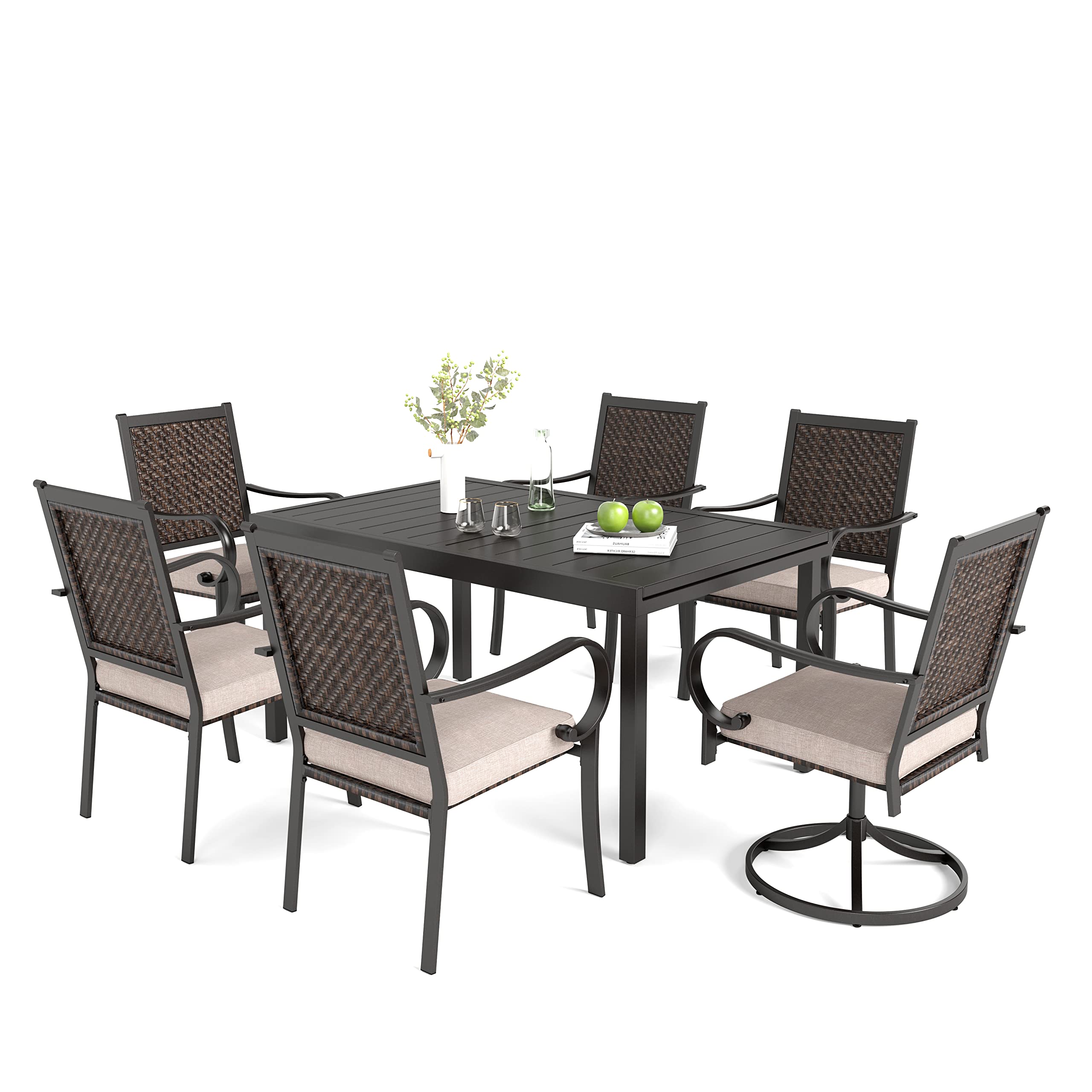 7-Piece Outdoor Patio Dining Set with 6 Rattan Chairs (2 Swivel) & Expandable Table - Perfect for Garden, Backyard, Poolside & Outdoor Entertaining