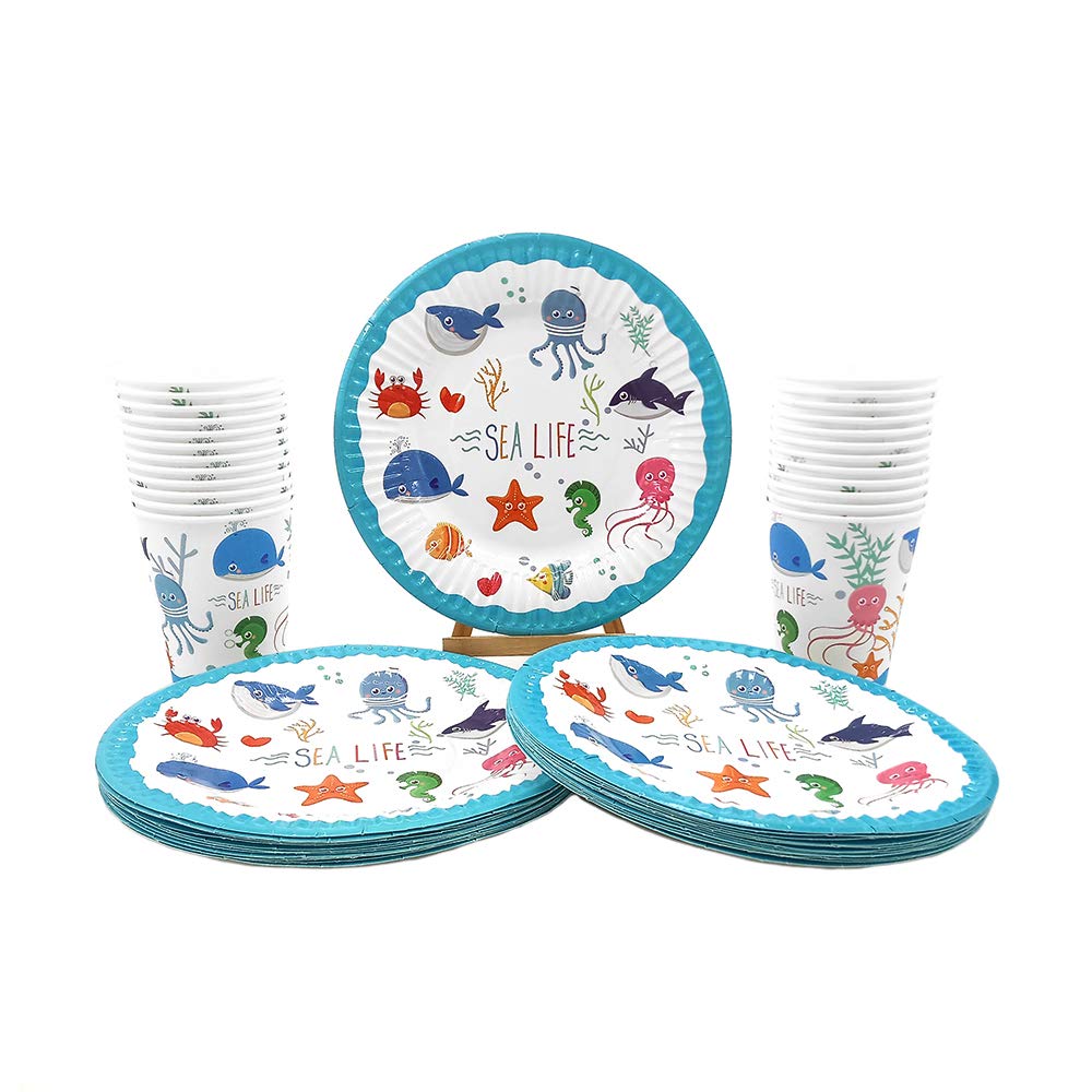 48-Piece Sea Ocean Marine Animals Disposable Paper Plates & Cups Set - 24 Dessert Plates & 24 Cups - Kids Birthday Party, Baby Shower Supplies - Eco-Friendly Tableware for 24 Guests - Perfect for Underwater Themed Parties & Beach Events
