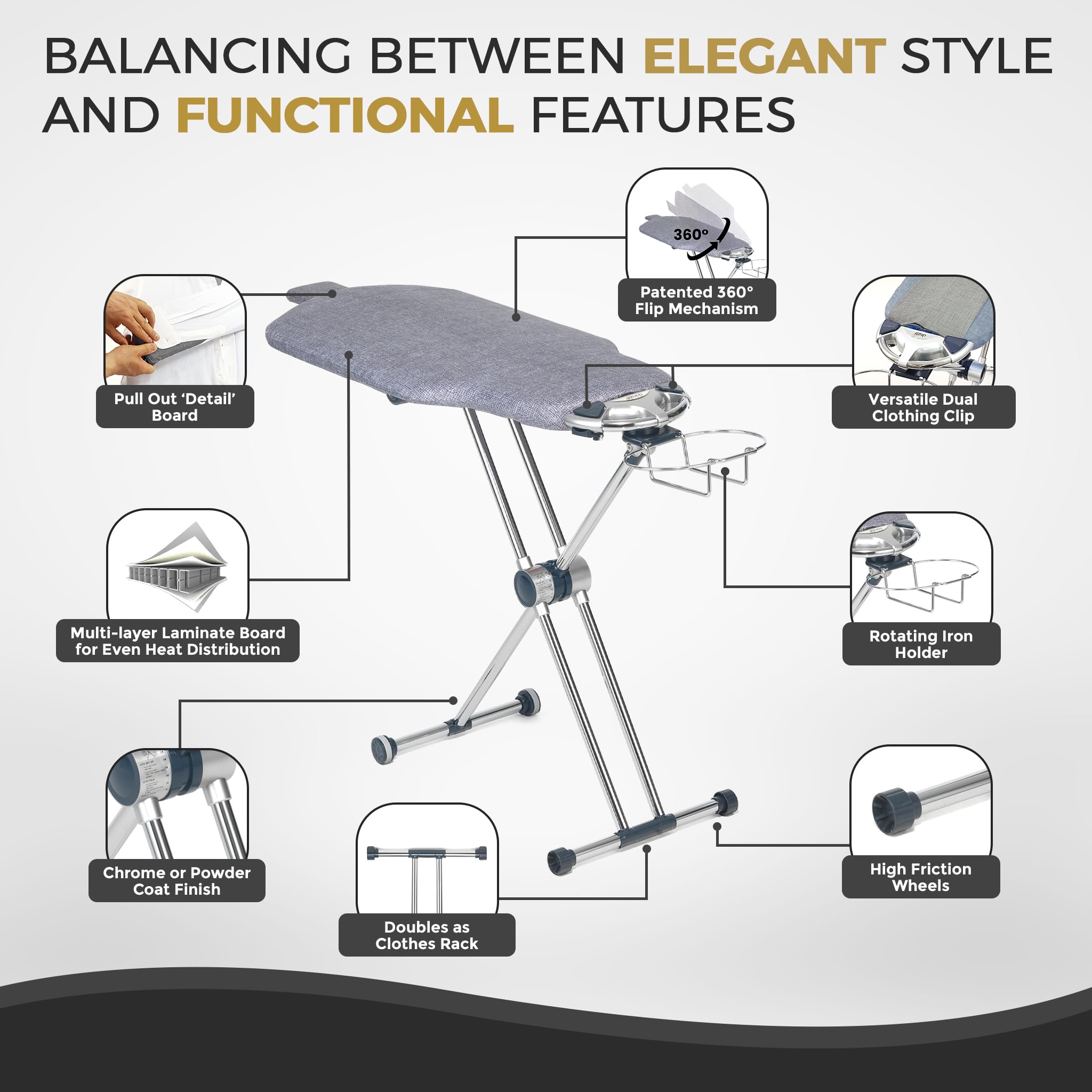 Dazzl 360-Degree Roto-Flip EZ71 Ultra Ironing Board - Dual-Sided Torso-Shaped Ironing Board with 8-Level Adjustable Height, Rotatable Iron Holder & Dual-Clamp Garment Clip - Full Size HDPE Ironing Board for Home, Laundry Room, and Professional Tailoring
