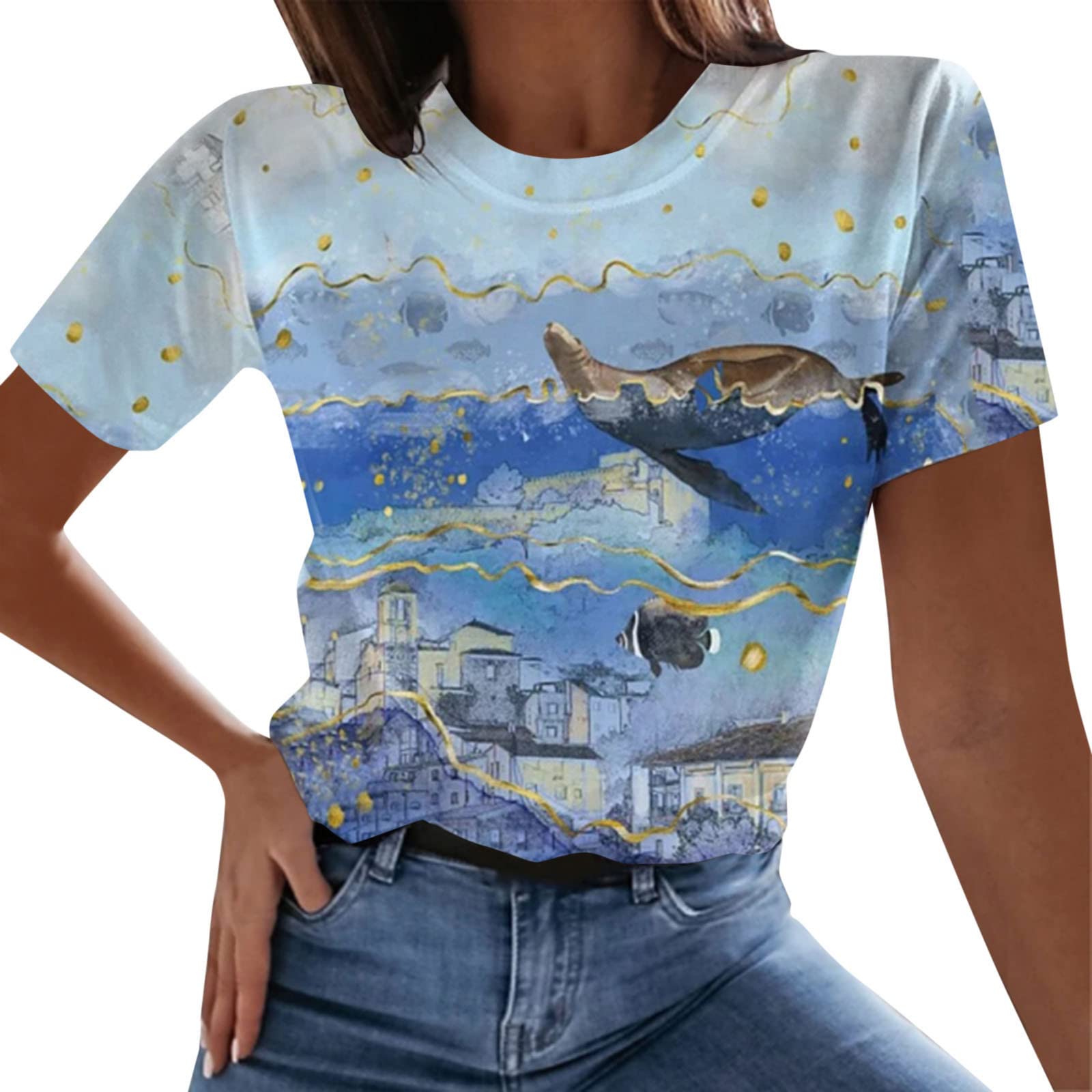 Women's Summer Casual Dolphin Print Short Sleeve Crew Neck T-Shirt - Breathable Cotton Top for Beach, Vacation & Everyday Wear