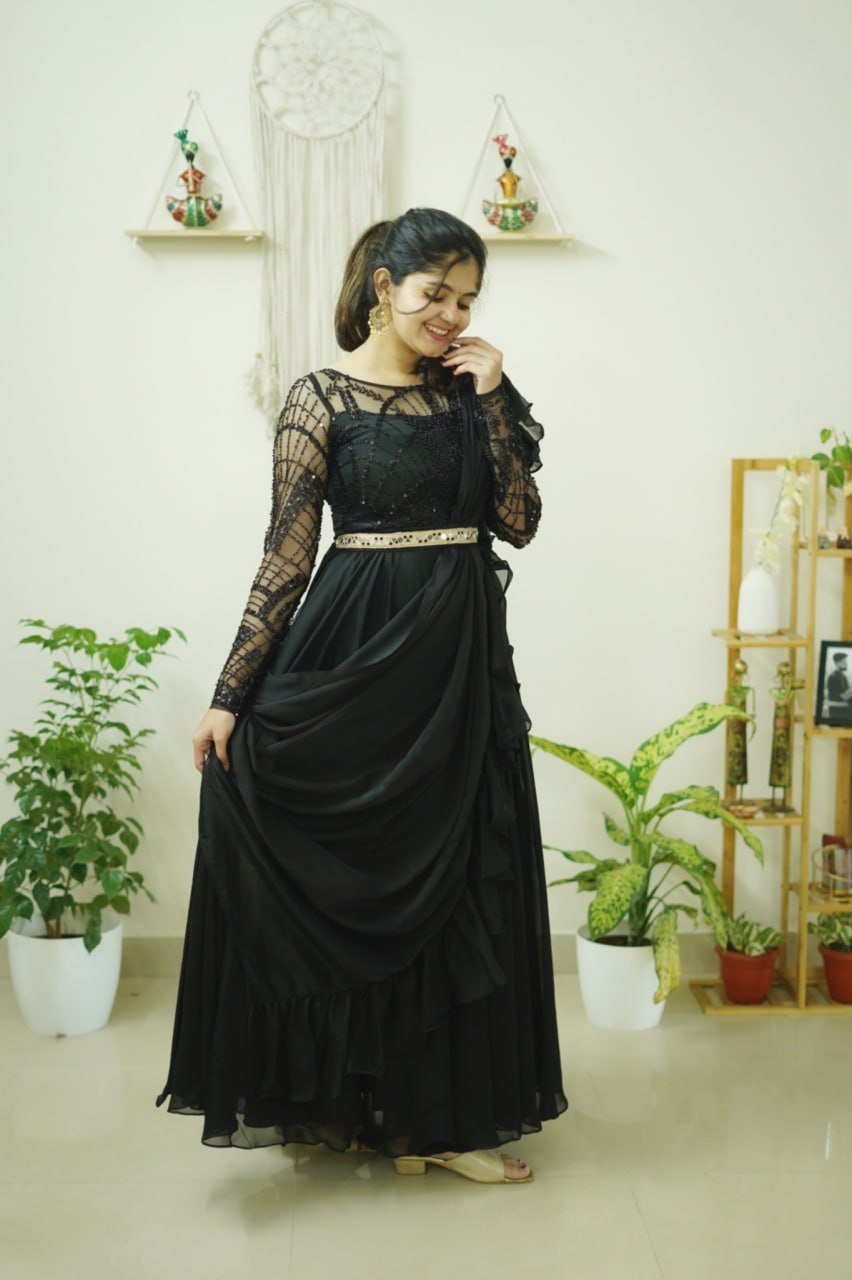 DD534 Black Rose Designer Ruffled Gown - Elegant Evening Dress for Prom, Wedding & Special Occasions