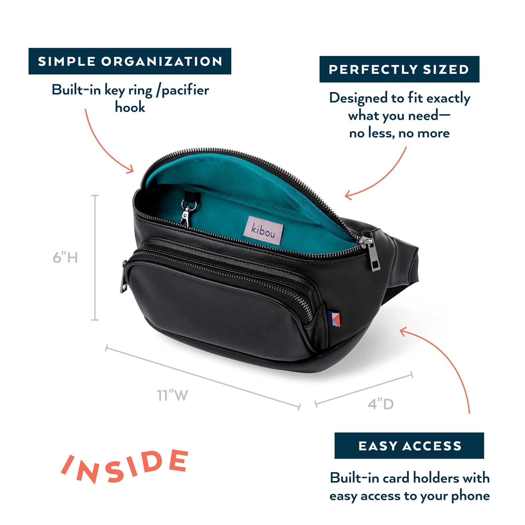 Kibou Vegan Premium Leather Fanny Pack Diaper Bag with Detachable Changing Pad & Wipes Storage - Adjustable Waist Belt, Crossbody Bag for Moms - Perfect for Travel, Shopping & Baby Care (Black, One Size)