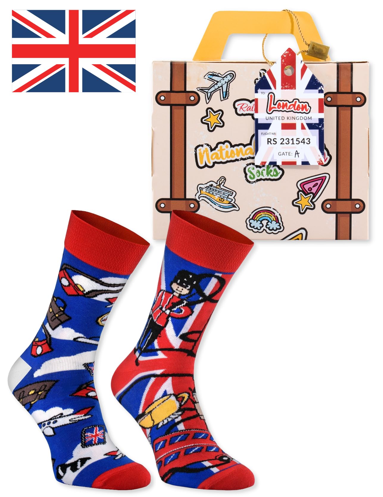 Rainbow Socks for Men & Women - Fun Novelty Socks with England Suitcase Design - 1 Pair - Perfect for Travel, Gifts & Casual Wear