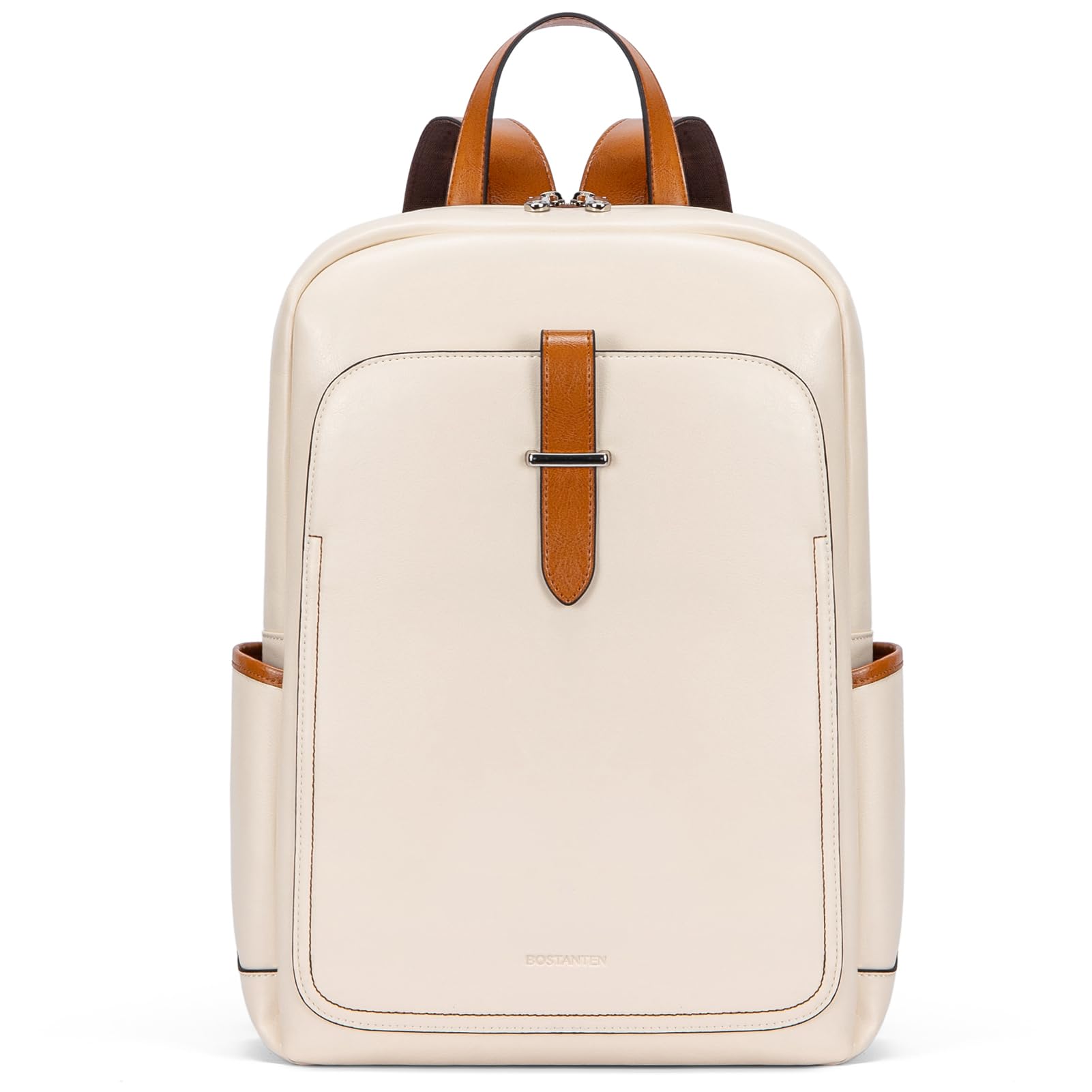 BOSTANTEN Women's Leather Laptop Backpack 15.6 Inch - Stylish College Work Travel Bag for Women, Beige-White - Perfect for Office, School & Business Trips