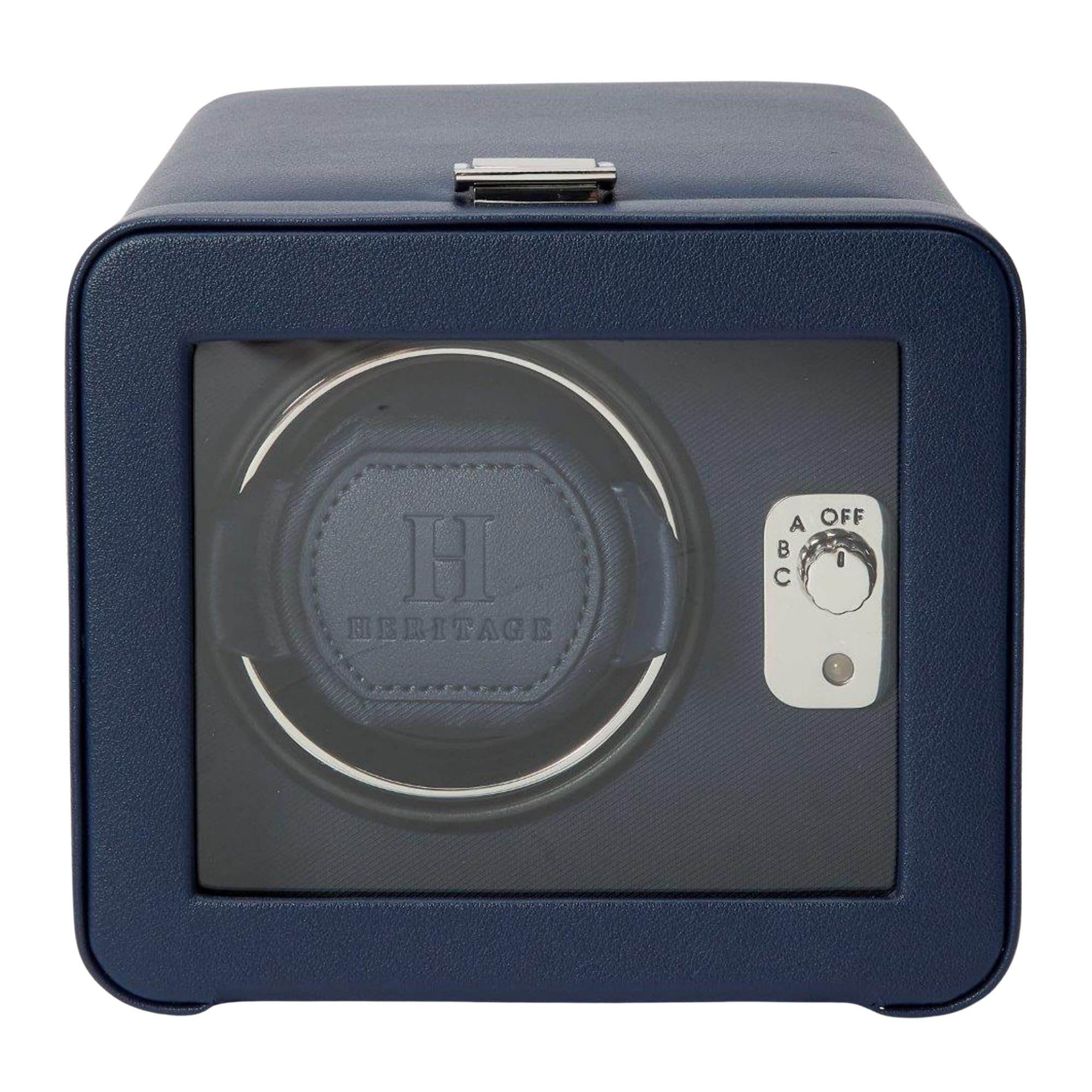 Wolf Heritage Single Winder with Glass Cover - Navy Vegan Leather Watch Winder for Big & Heavy Watches - Patented Lock-in Dynamic Cuff & Universal Adapter Included - Perfect for Watch Collectors & Luxury Timepiece Storage