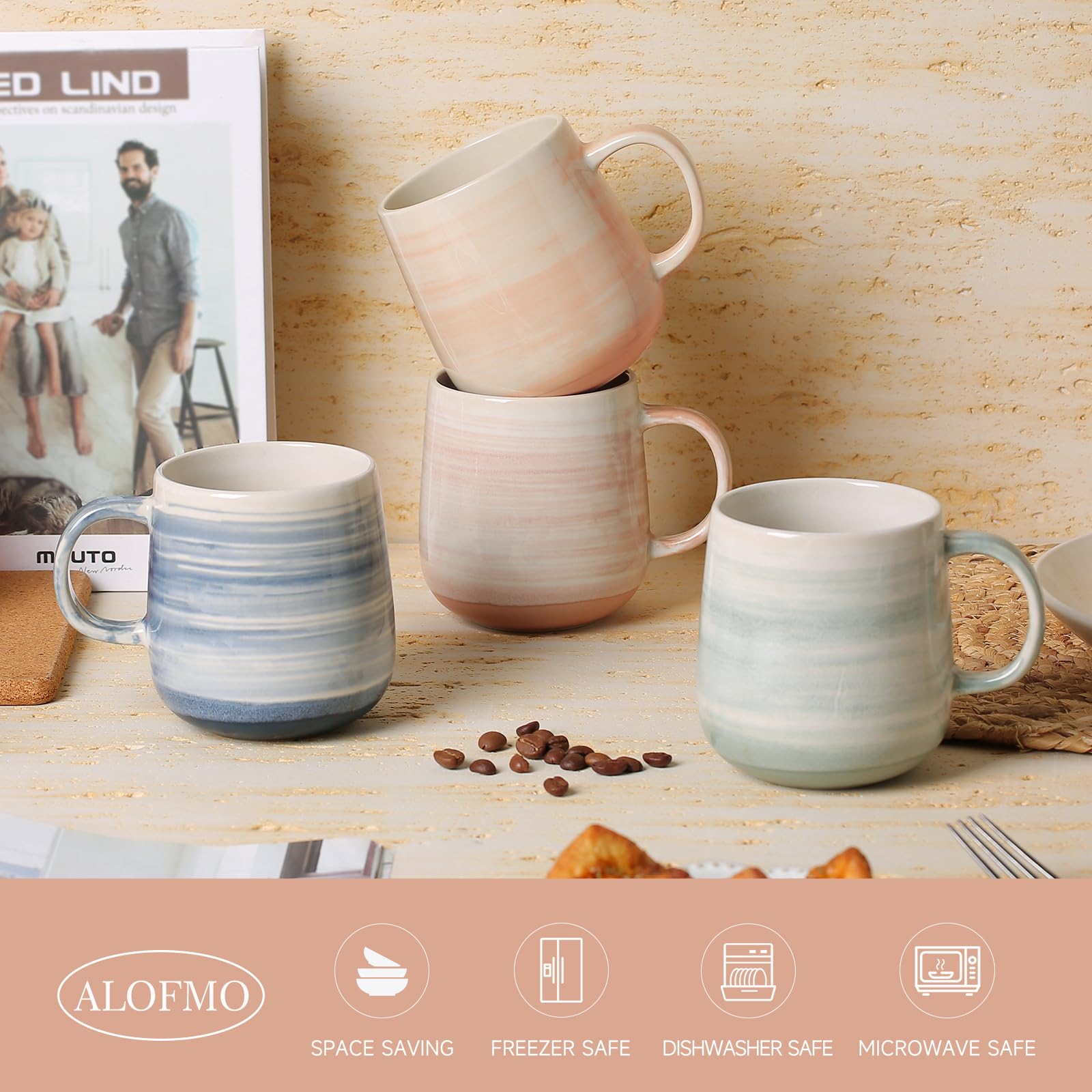 4-Pack 12oz Ceramic Coffee Mugs with Large Handles - Perfect for Coffee, Tea & Cocoa at Home