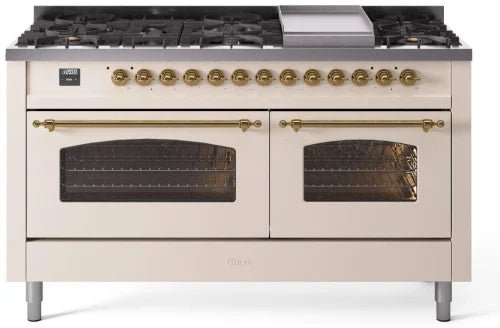 ILVE Nostalgie II 60-Inch Dual Fuel Natural Gas Range - Antique White with Brass Trim (UP60FNMPAWG) - Perfect for Vintage-Style Kitchens & Gourmet Cooking