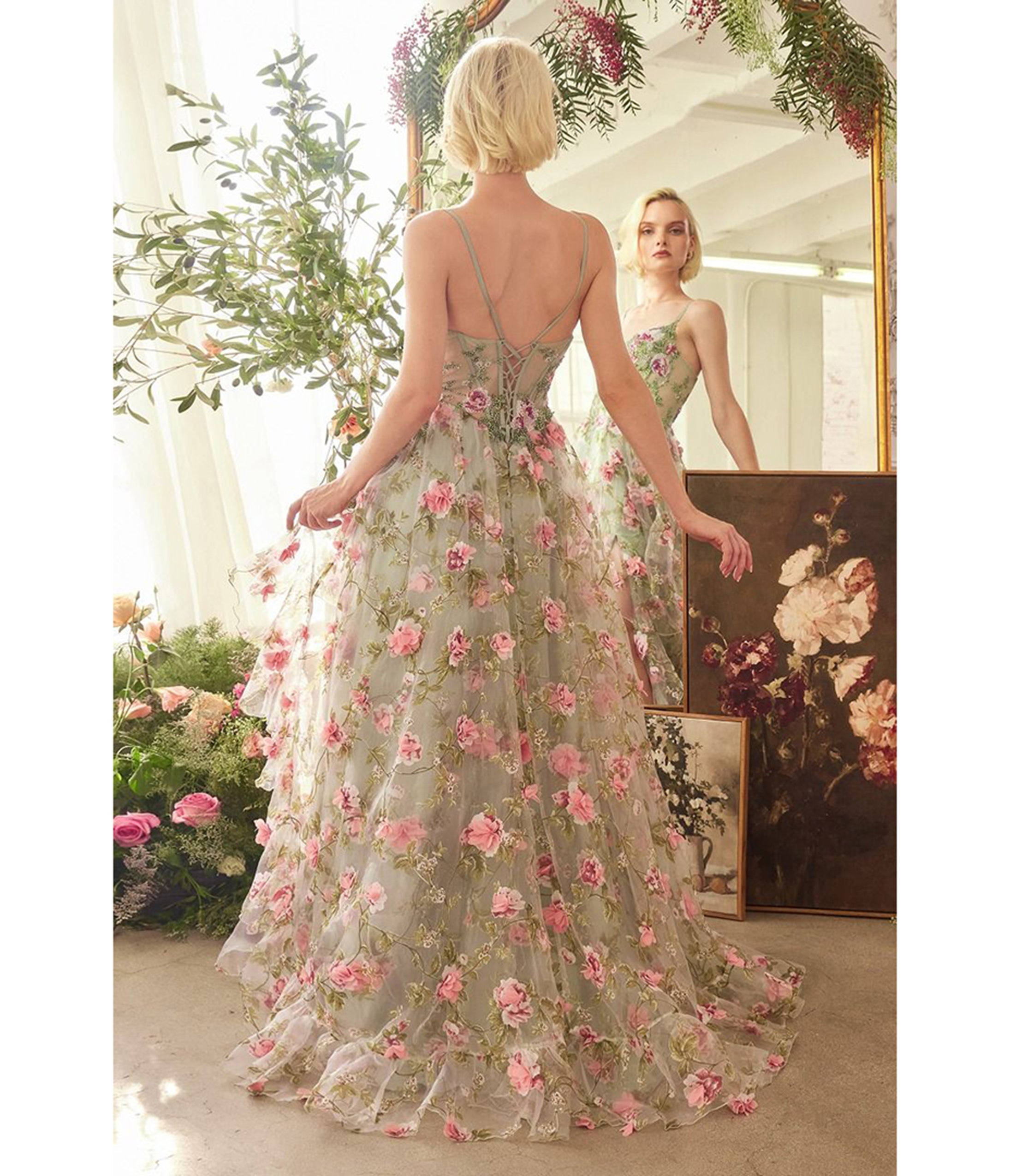 Ladivine by Cinderella Divine Sage Green Floral Print A-Line Prom Dress for Homecoming, Formal Dances & Special Occasions