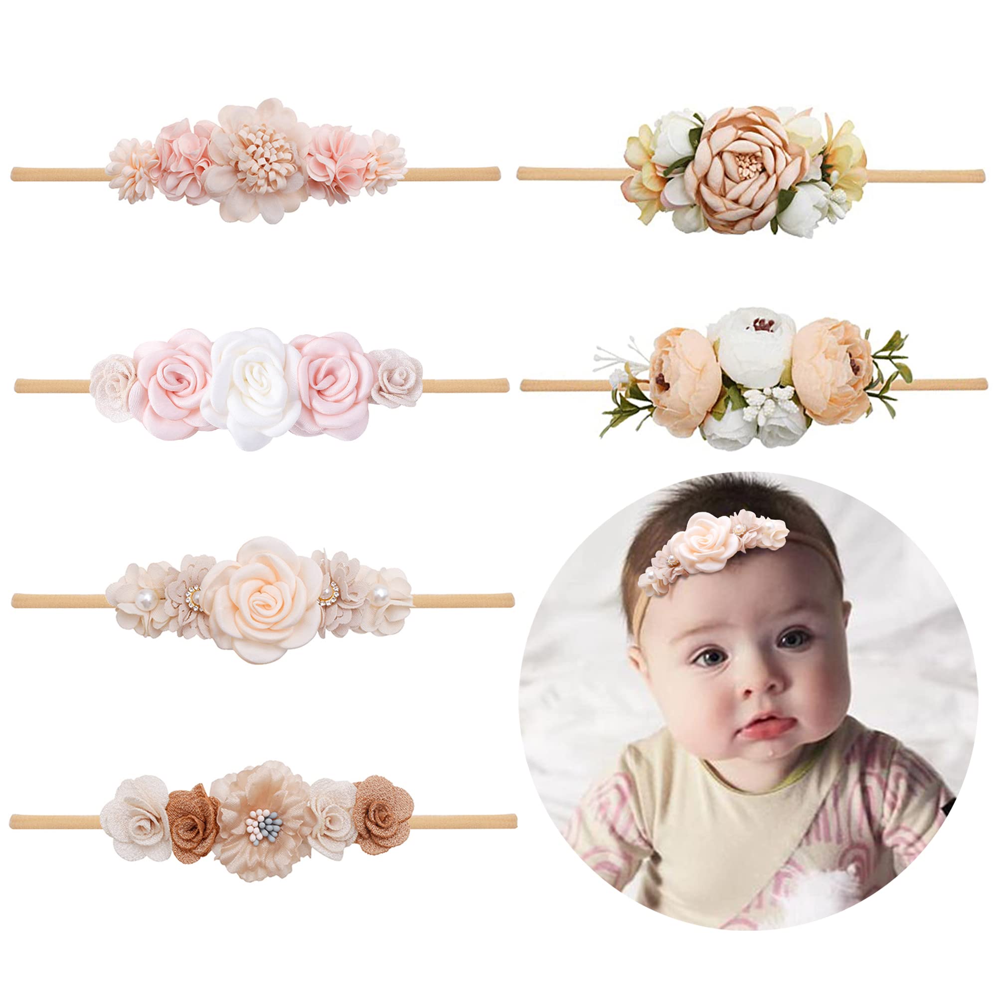 6 PCS Baby Girl Flower Headbands - Handmade Elastic Nylon Bow Hair Accessories for Newborns, Infants & Toddlers | Cute Floral Hair Bands for Photos, Parties & Everyday Wear
