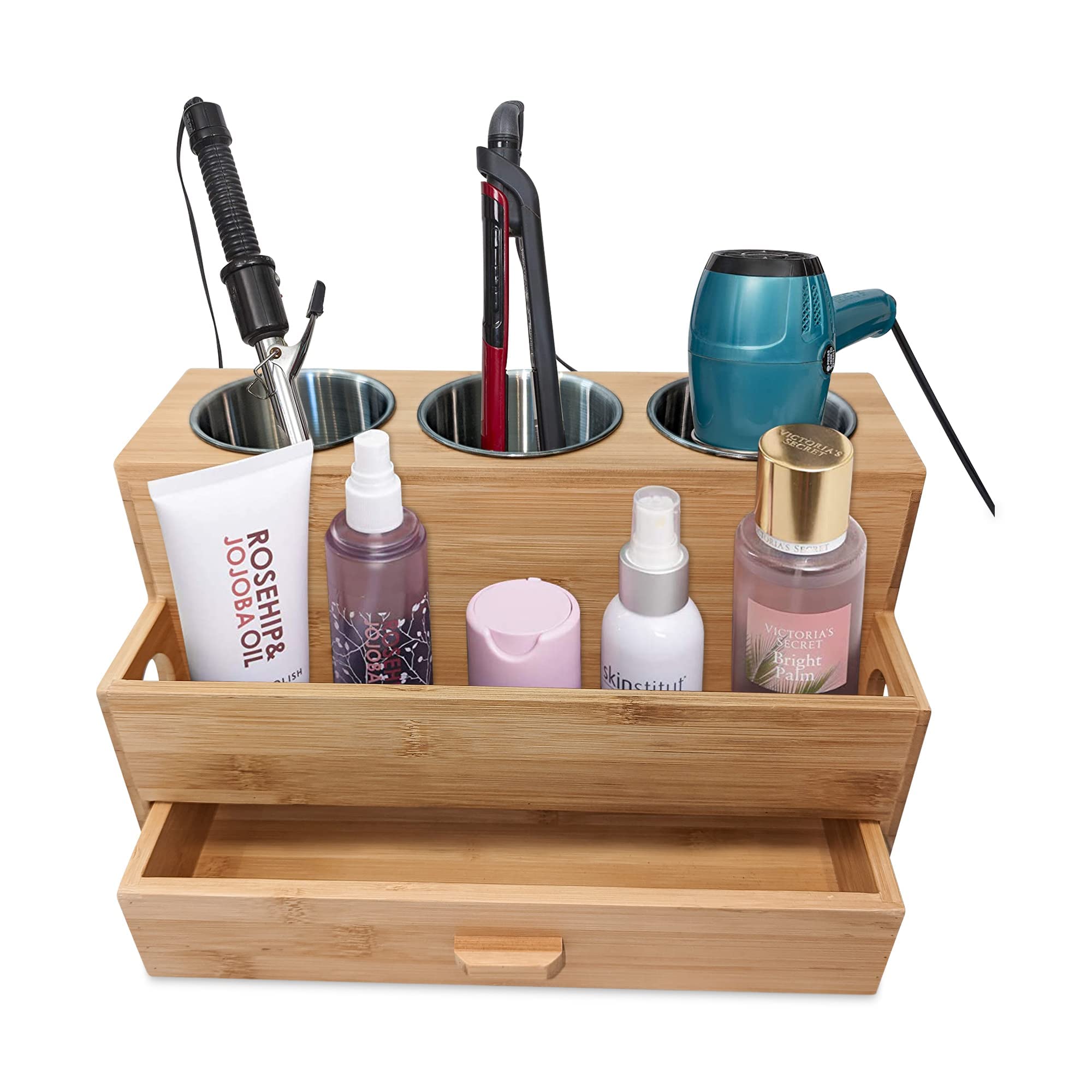 Bamboo Hair Tool Organizer - Styling Holder & Vanity Caddy for Blow Dryer, Accessories, Makeup & Toiletries | Bathroom Countertop Storage Stand for Hair Styling & Beauty Essentials