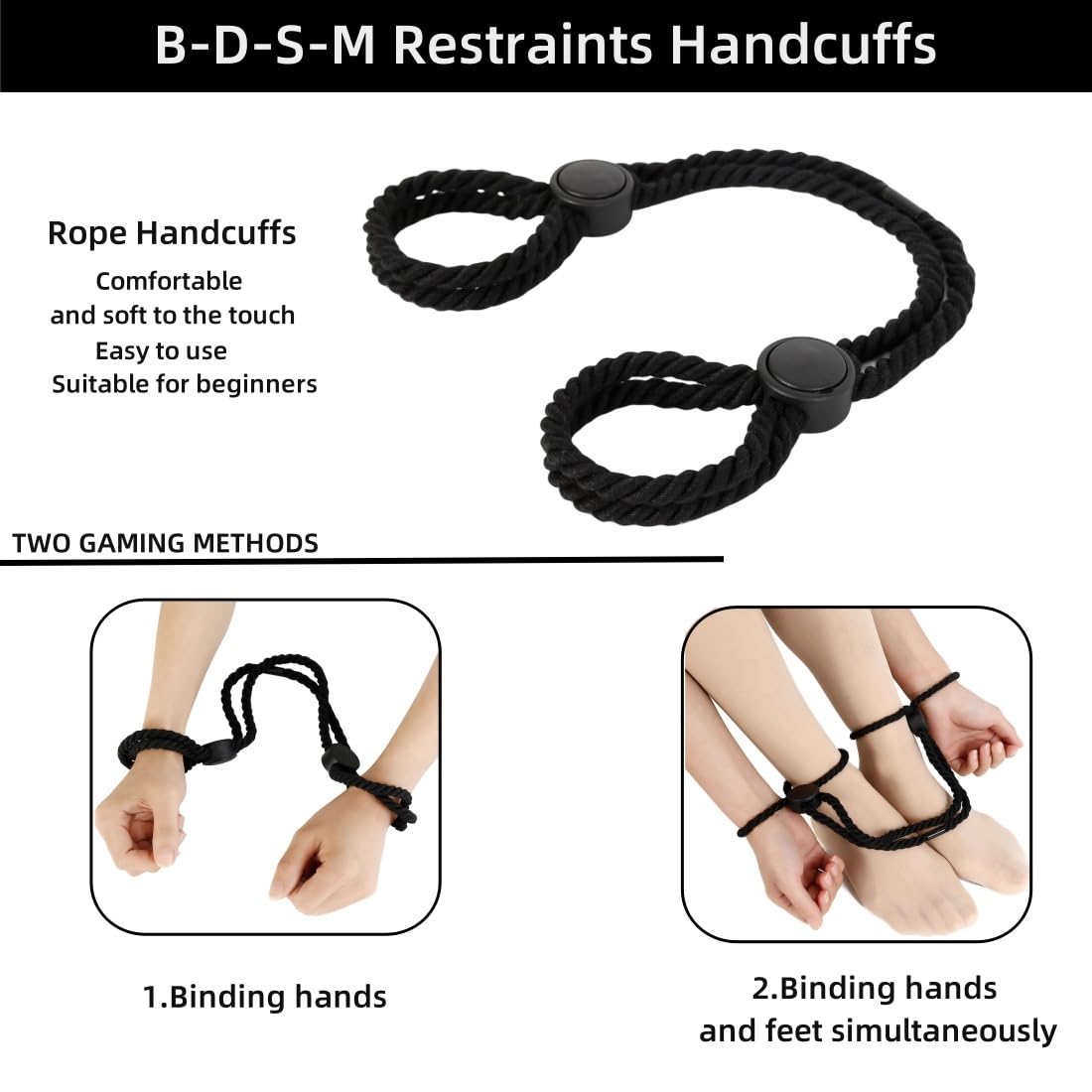 Adjustable Cotton Rope Handcuffs & Ankle Cuffs Set - 2 Pcs Soft BDSM Bondage Restraints for Beginners, Wrist & Ankle Cuffs for Adults, Fetish & SM Games - Perfect for Couples Play & Sensual Exploration (Black)