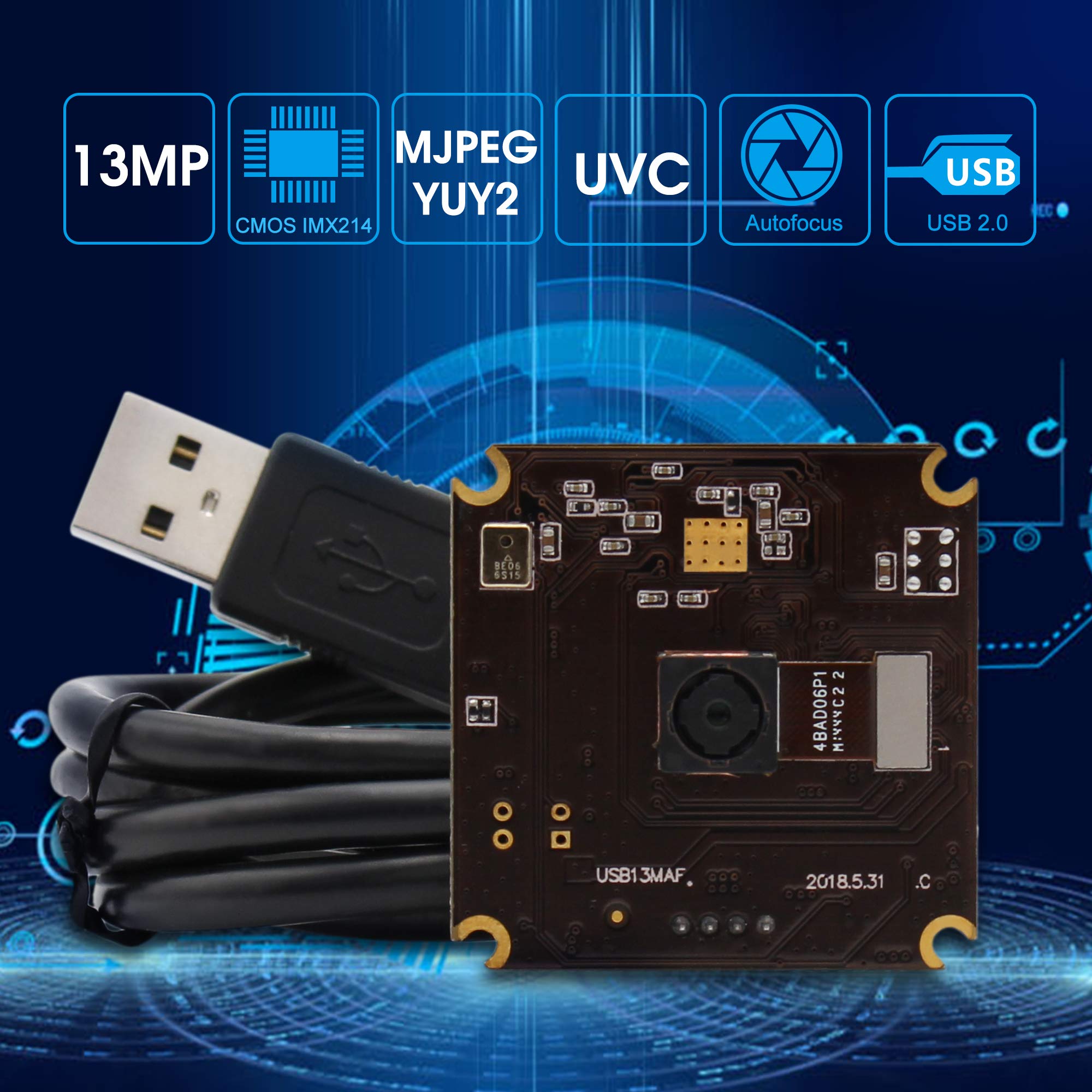 13MP USB Camera Module with Microphone & Autofocus - UVC USB 2.0 Webcam Board for PC/Laptop, Jetson Nano - Industrial Embedded IMX214 Sensor for Video Conferencing, Live Streaming & Lightburn Applications