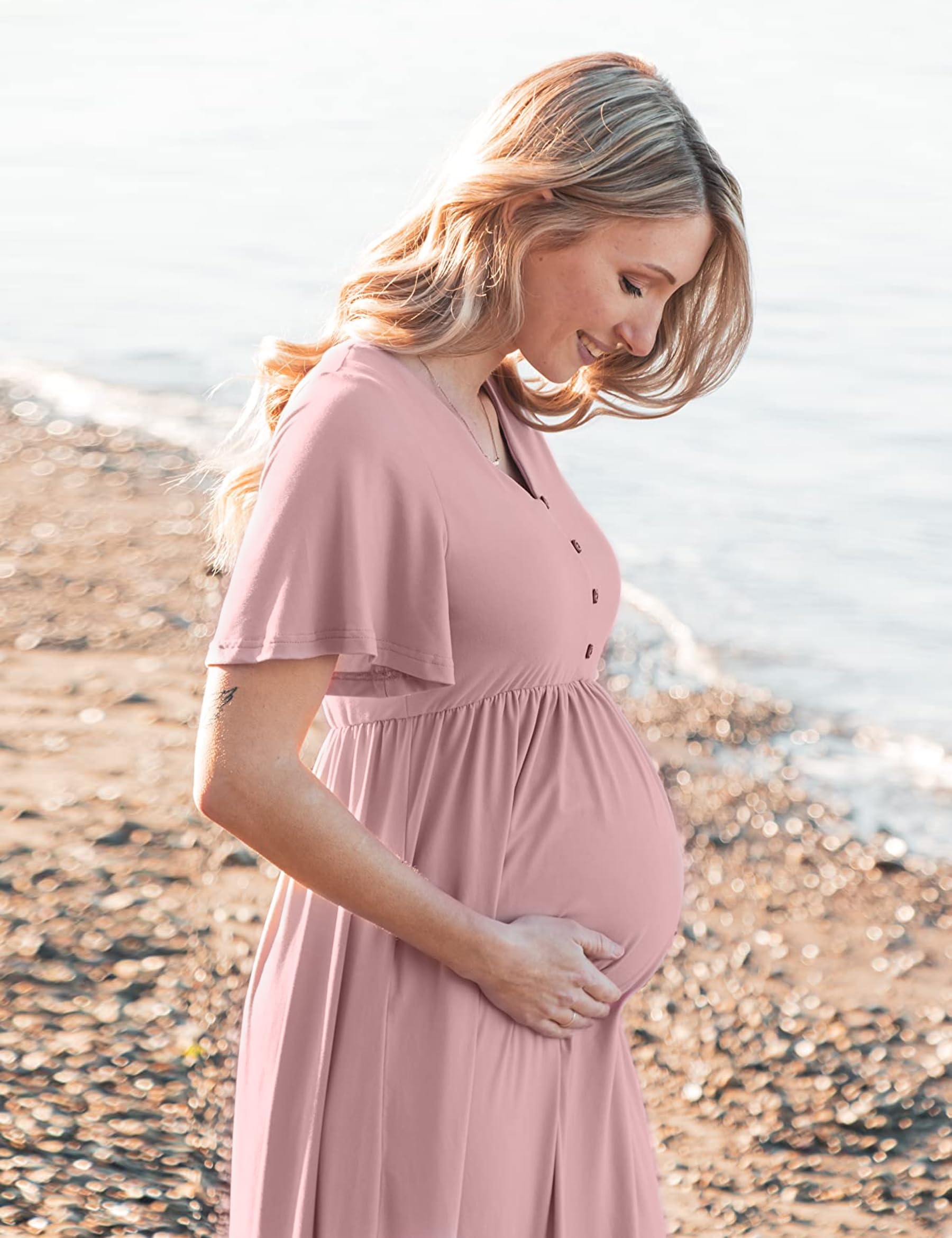 Peauty Summer Maternity Dresses for Women - Flowy Photoshoot & Baby Shower Dress with Decorative Buttons | Comfortable Pregnancy Clothes for Outdoor Events & Special Occasions