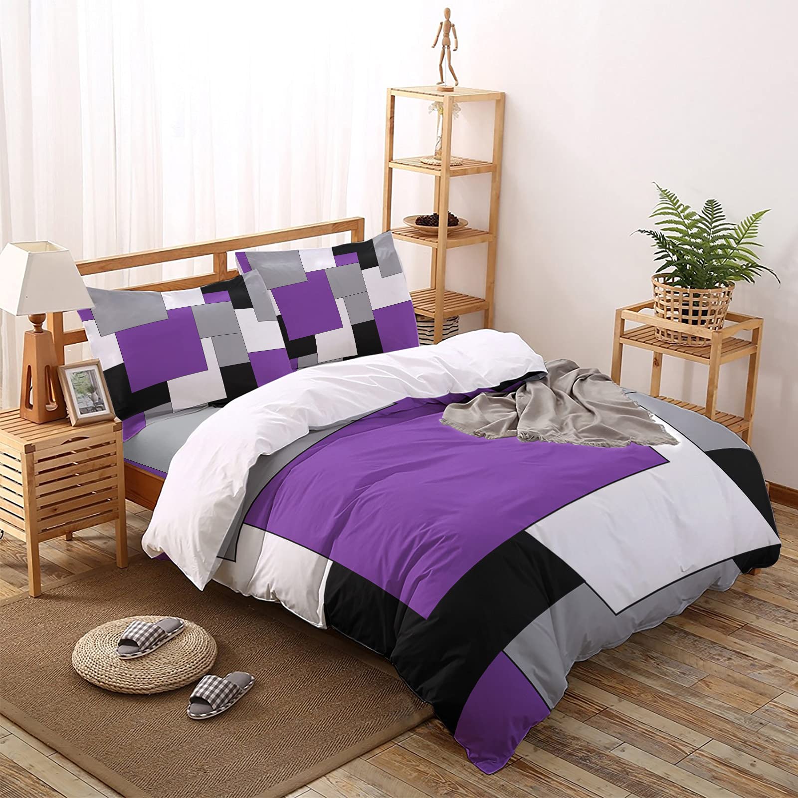 Queen Duvet Cover Set - 4 Piece Modern Purple & Black Color Block Washed Bedding with Zipper Closure, Geometric Gray White Patchwork Plaid Design | Includes Comforter Cover, Pillowcases & Flat Sheet | Perfect for Contemporary Bedrooms, Guest Rooms & Airbnb Stays