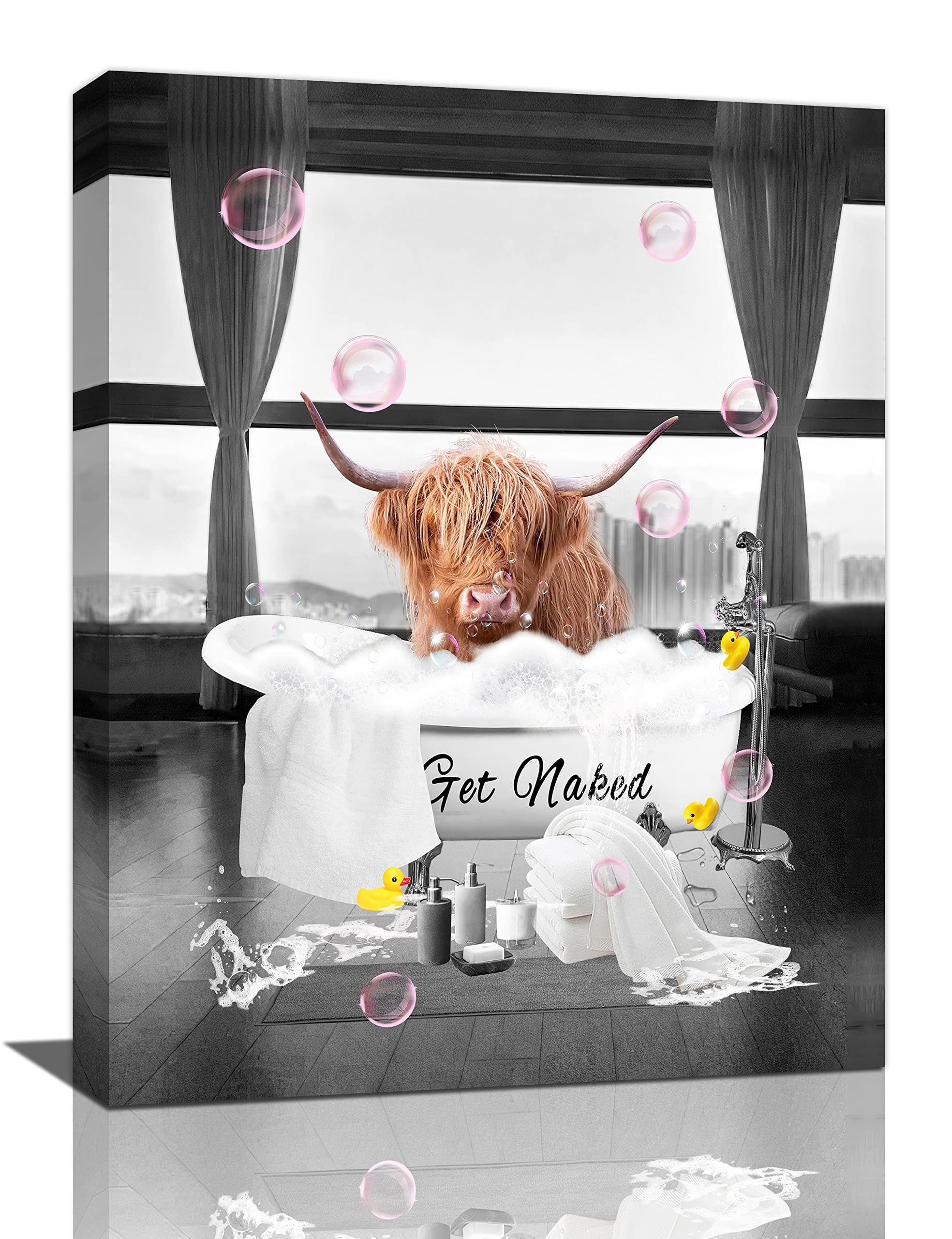Funny Highland Cow Bathroom Wall Art - Black & White Canvas Print 16