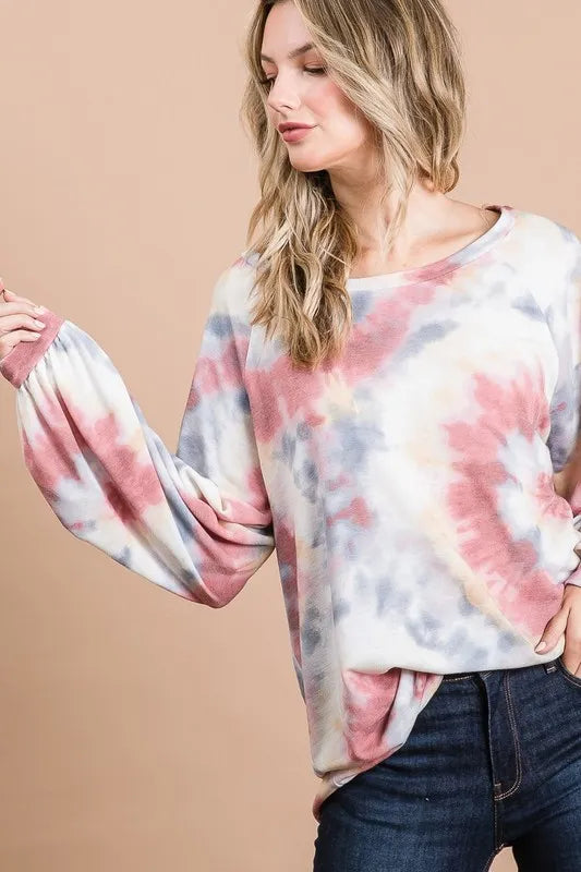 BiBi Tie Dye Print Terry Top With Puff Sleeves | Women's Fashion Casual Shirt | Perfect for Summer Outfits, Beach Wear & Music Festivals