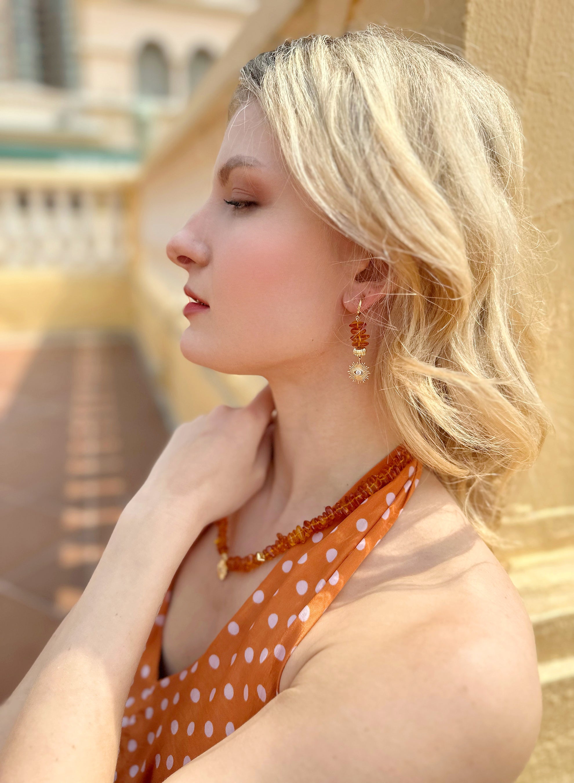 Natural Amber Evil Eye Clip-On Earrings JE014 – Stylish Protection Jewelry for Women, Perfect for Parties & Everyday Wear