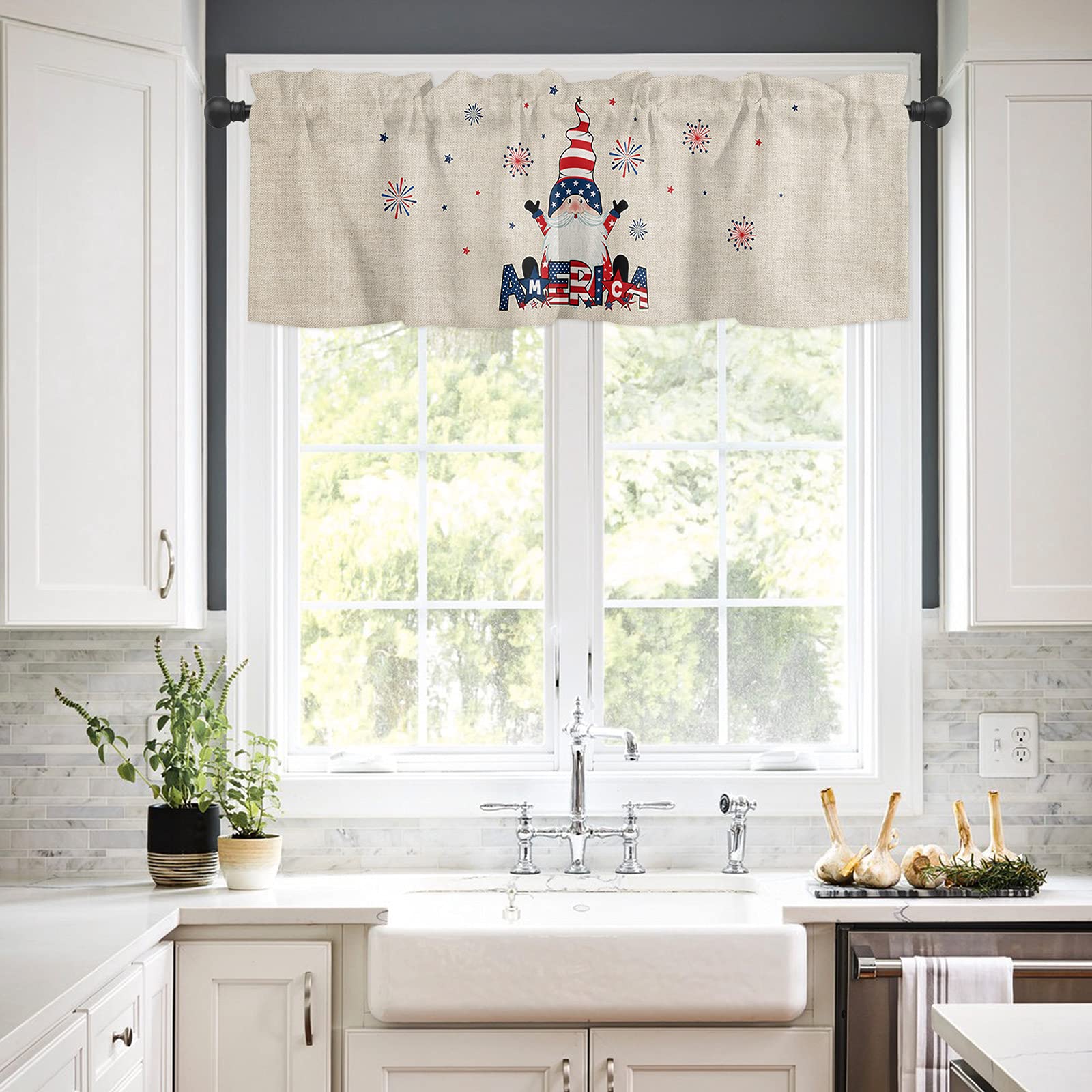 Gnome Firework Celebration Independence Day Kitchen Curtain Valances - 54 x 18 Inch Rod Pocket Window Treatment for Farmhouse Living Room & Bedroom Decor - Perfect for 4th of July, Patriotic Home Decor & Kitchen Windows